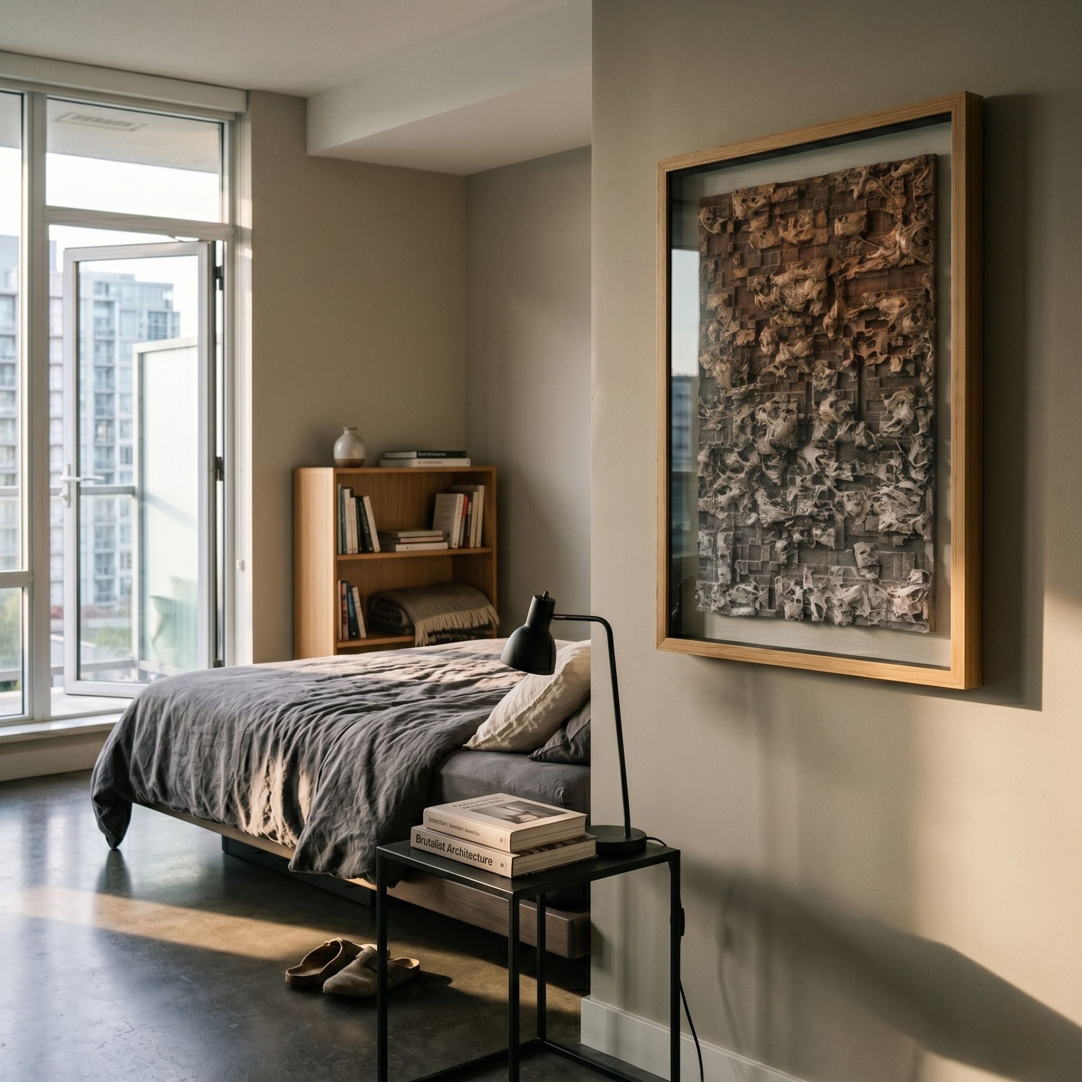 Terracend Beige & Grey Textured Framed 3D Wall Art by Giant Sculptures displayed on a bedroom wall above a bed with grey linens, beside a bookshelf and window.