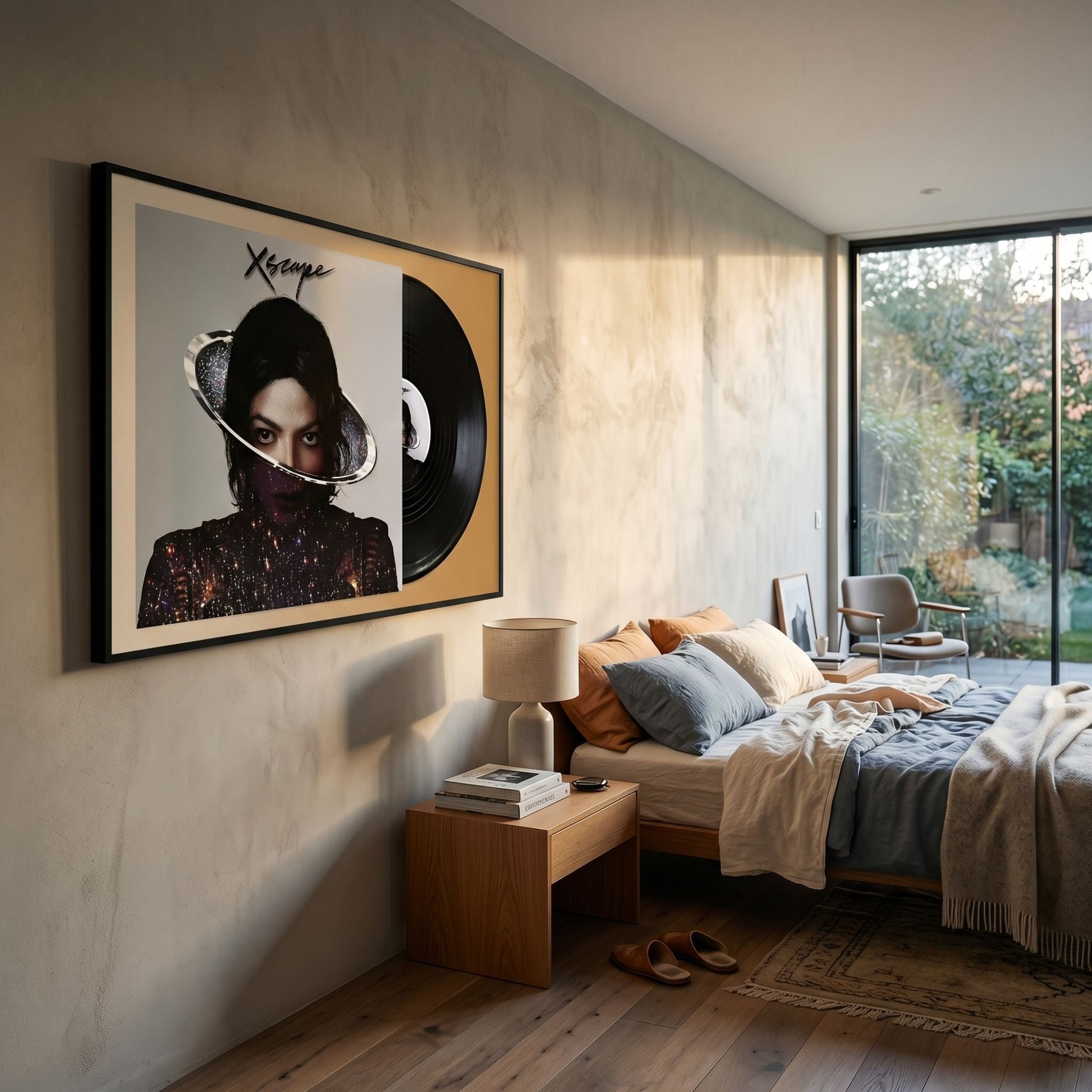 Sonarta Gold Michael Jackson Xscape Wall Art framed above a wooden bedside table and bed, with a garden view through floor-to-ceiling windows.