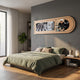 Sonarta Gold Beatles & Eminem Record Panel Wall Art mounted above a green-linen bed in a grey-walled bedroom with wood floor and fiddle-leaf plant.