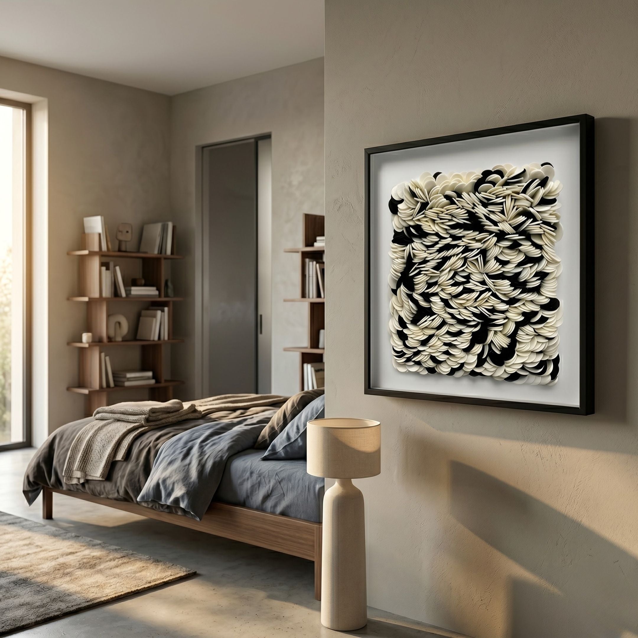 Petalus Black & Cream Layered Felt 3D Wall Art by Giant Sculptures in a black square frame, displayed in a modern bedroom beside a wooden bed and bookshelf.