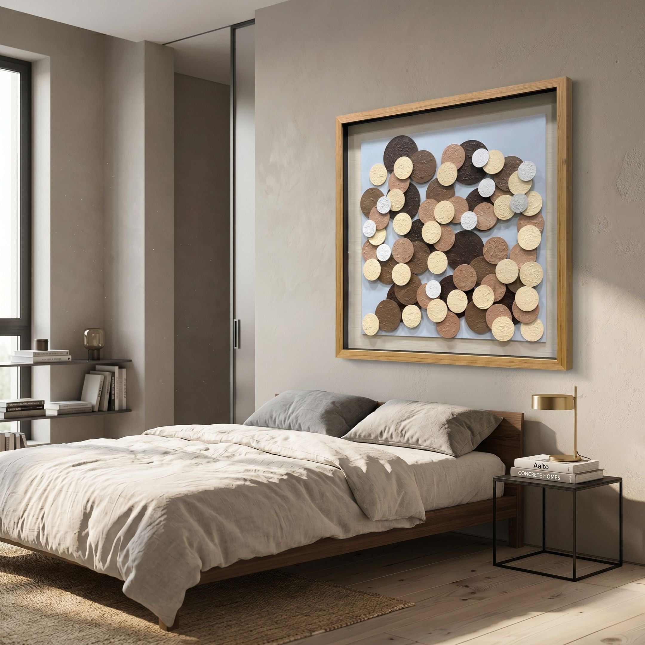Circona Neutral Tone Layered Disc Wood 3D Wall Art by Giant Sculptures in an oak frame above a linen-dressed bed in a neutral modern bedroom.