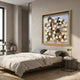 Circona Neutral Tone Layered Disc Wood 3D Wall Art by Giant Sculptures in an oak frame above a linen-dressed bed in a neutral modern bedroom.