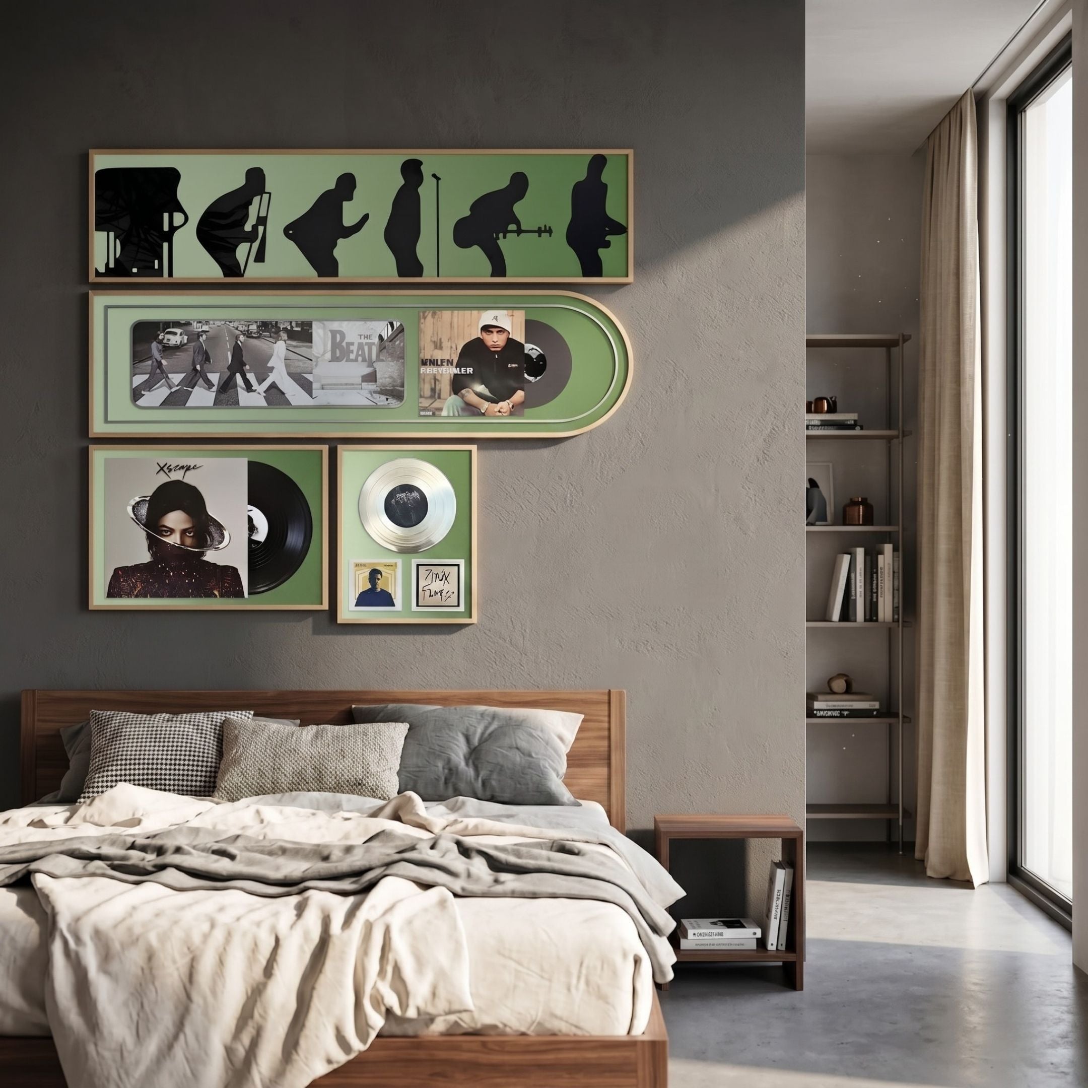 Sonarta Green Multi-Panel Record & Silhouette Wall Art by Giant Sculptures mounted above a walnut bed, featuring vinyl motifs and black figures on green panels.