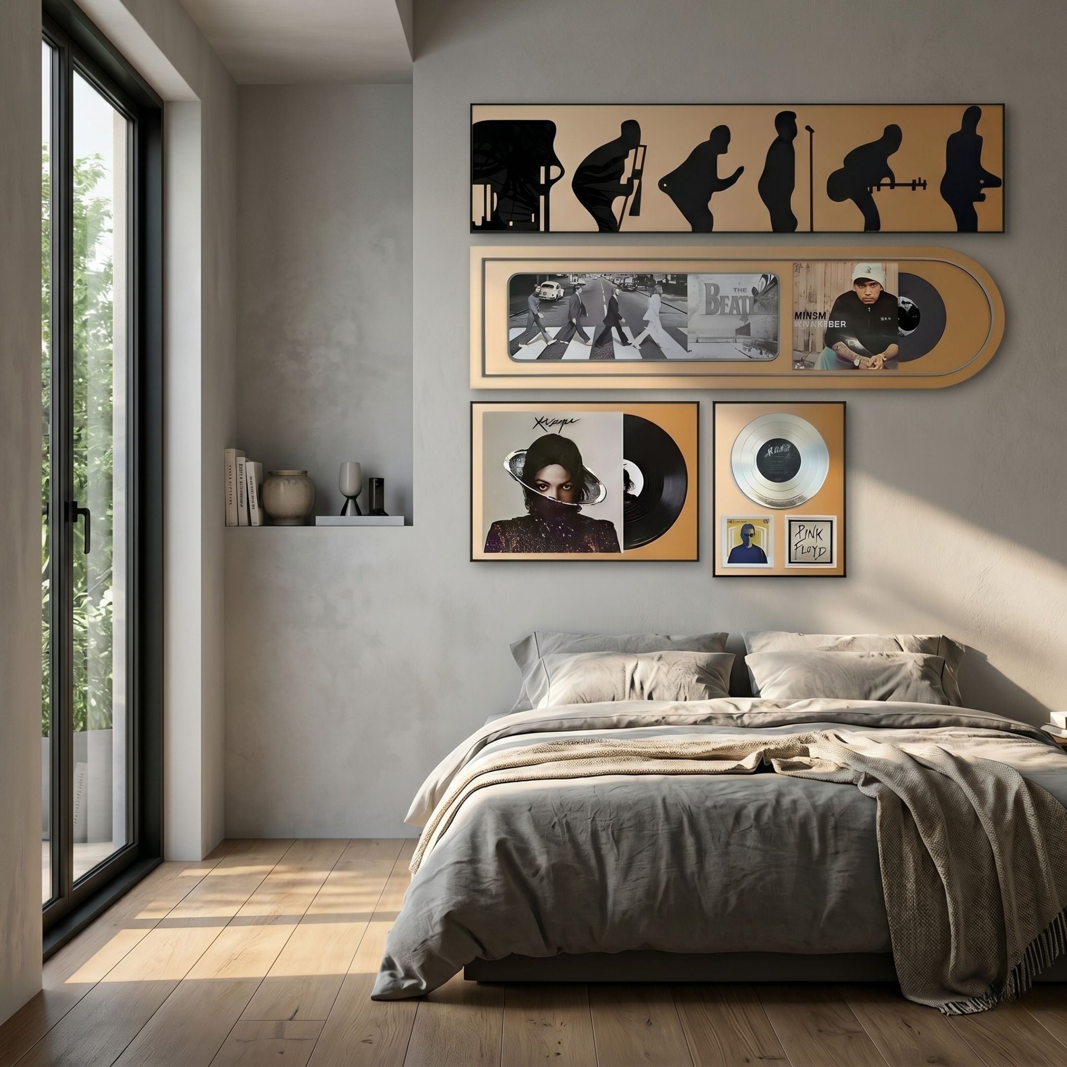 Sonarta Gold Multi-Panel Record & Silhouette Wall Art by Giant Sculptures displayed above a grey bed in a modern bedroom with wood floor and window.