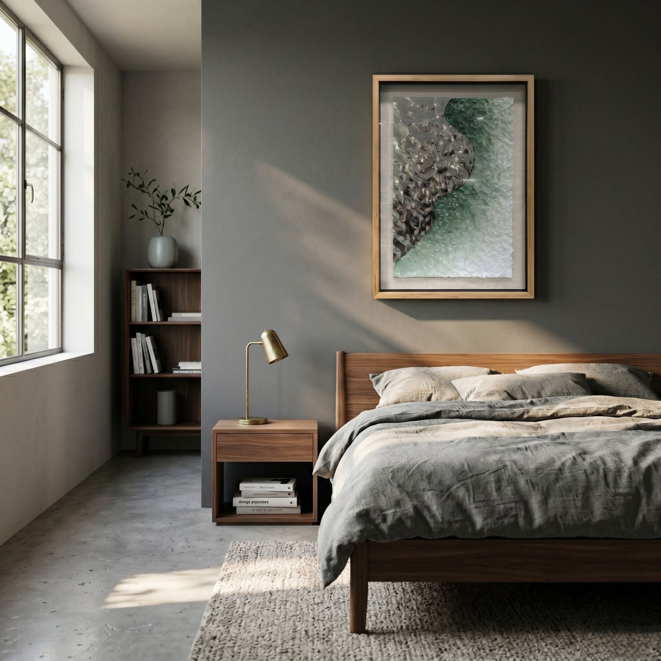 Aurivell I Silver & Green Textured Metal 3D Wall Art by Giant Sculptures hung above a walnut bed with grey linen in a modern bedroom beside a sunlit window.