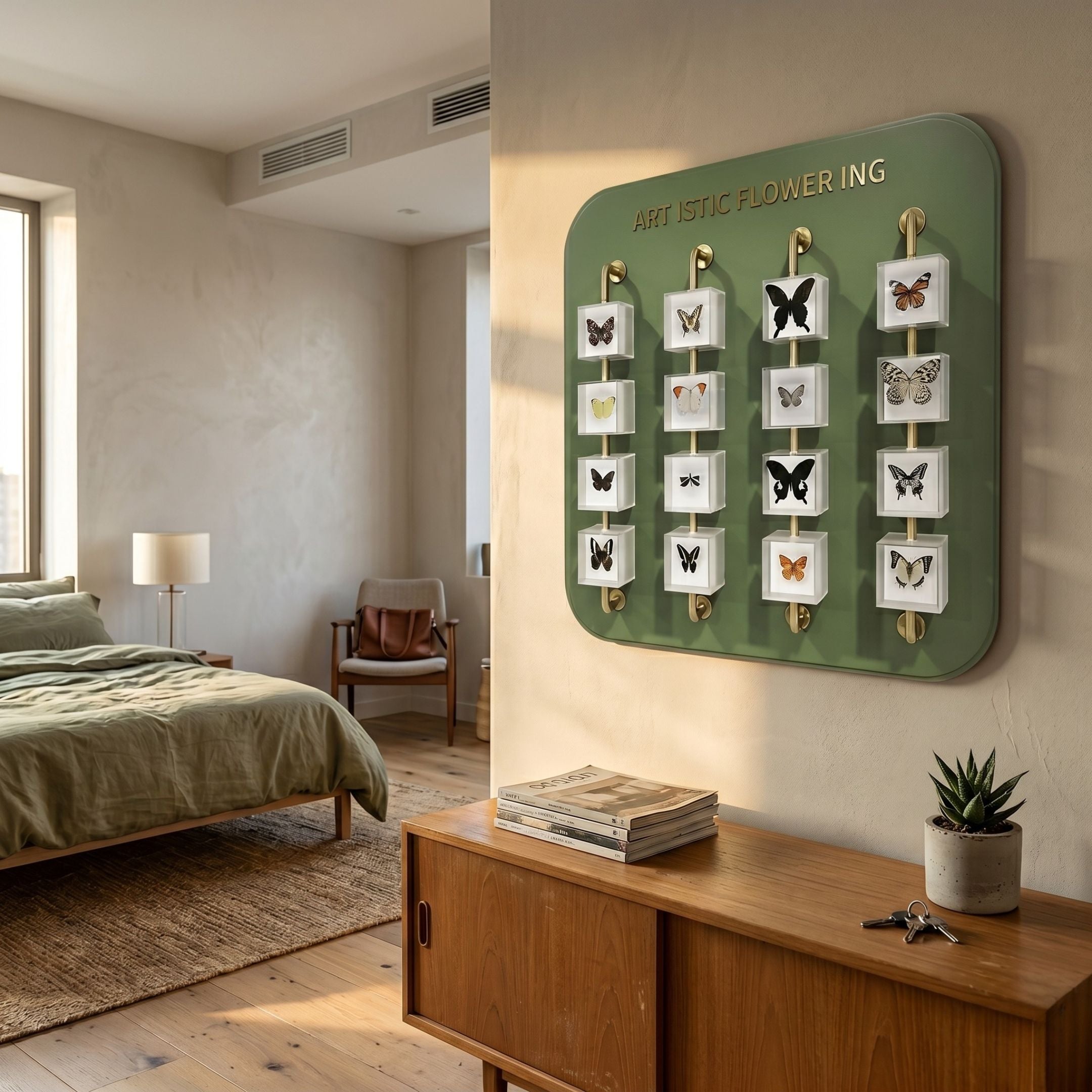 Aurelian Butterfly Display Acrylic 3D Wall Art by Giant Sculptures, green panel with gold text and butterflies on rods, mounted in a bedroom above a wood sideboard.