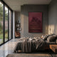Aeralune Crimson Textured Oil Painting 3D Wall Art by Giant Sculptures displayed above a grey linen bed in a modern bedroom with floor-to-ceiling windows.