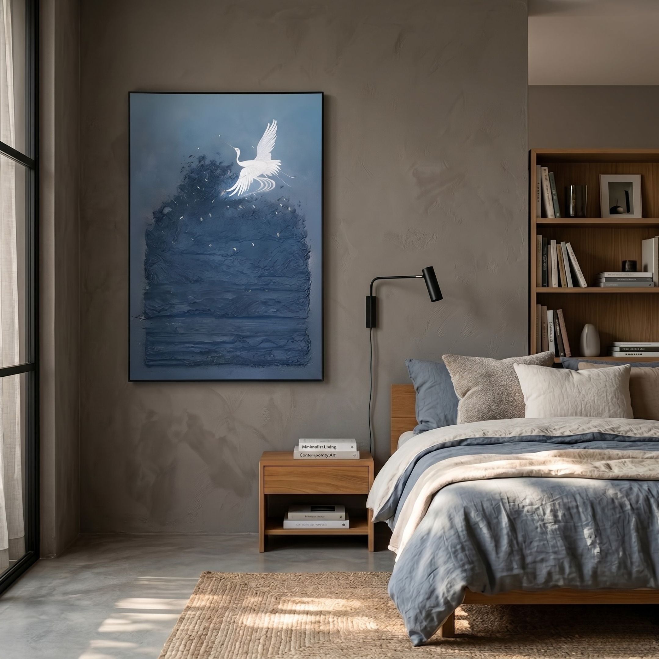 Aeralune Blue Crane Textured Oil Painting 3D Wall Art by Giant Sculptures displayed above a wooden nightstand in a bedroom with grey walls and oak bed.