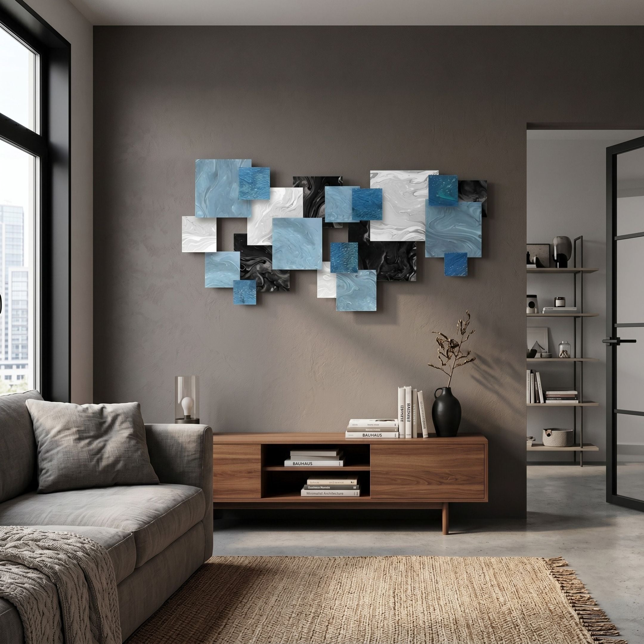 Stravane Blue & Black Mosaic Oil Canvas 3D Wall Art by Giant Sculptures displayed above a walnut media console in a modern grey-walled living room.