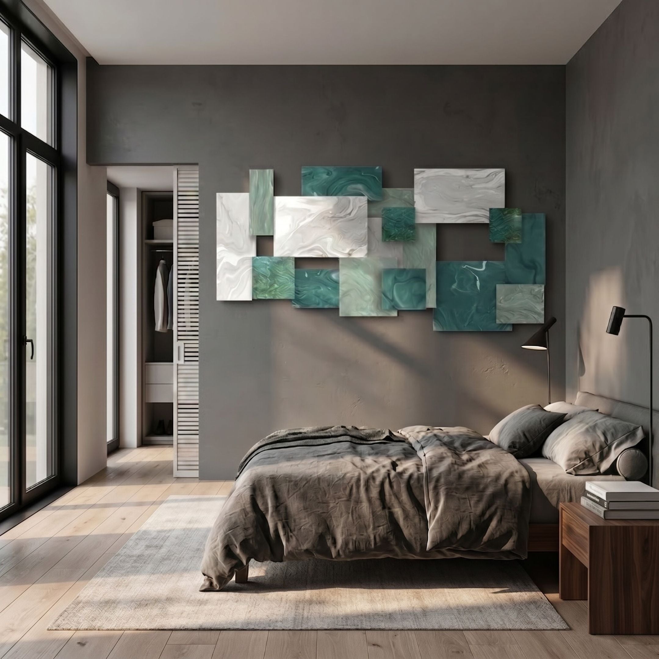 Stravane II Green & White Mosaic Oil Canvas 3D Wall Art by Giant Sculptures, displayed above a grey-linen bed in a modern bedroom with wood floors.