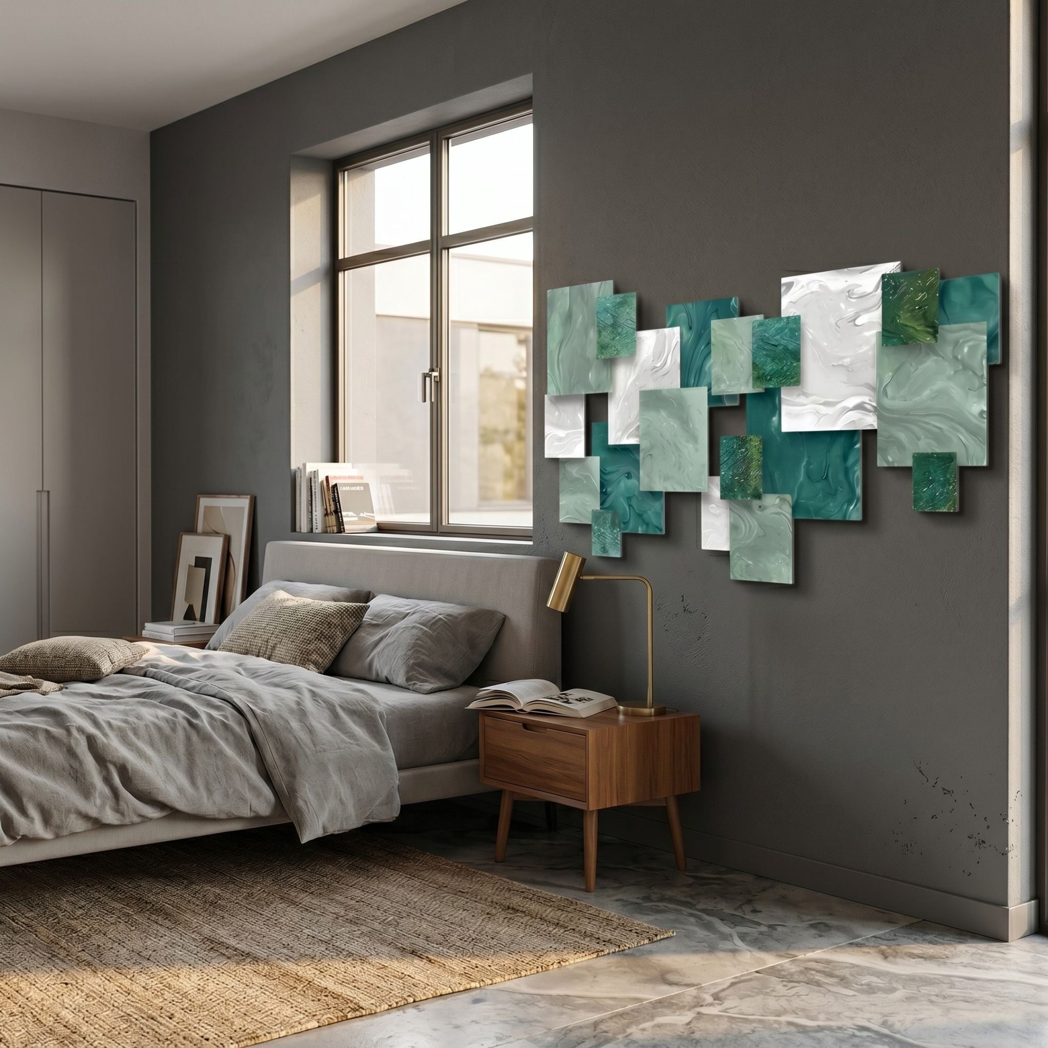 Stravane I Green & White Mosaic Oil Canvas 3D Wall Art by Giant Sculptures displayed above a wooden nightstand in a grey bedroom with a linen-dressed bed.