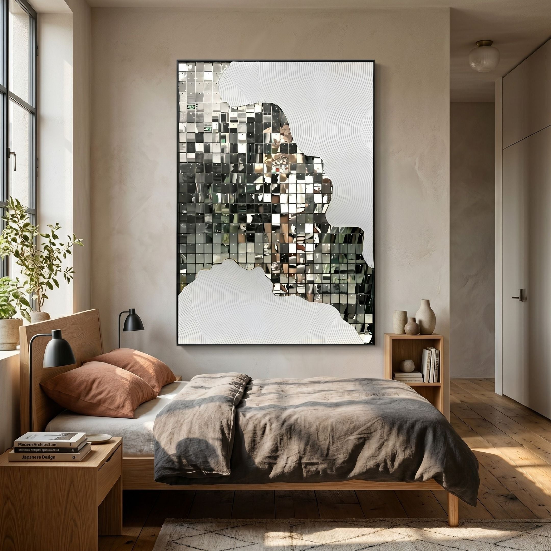 Miravine White Hand-Painted Acrylic Mirror 3D Wall Art by Giant Sculptures, mirrored tile profile silhouette mounted above a wooden bed in a sunlit bedroom.