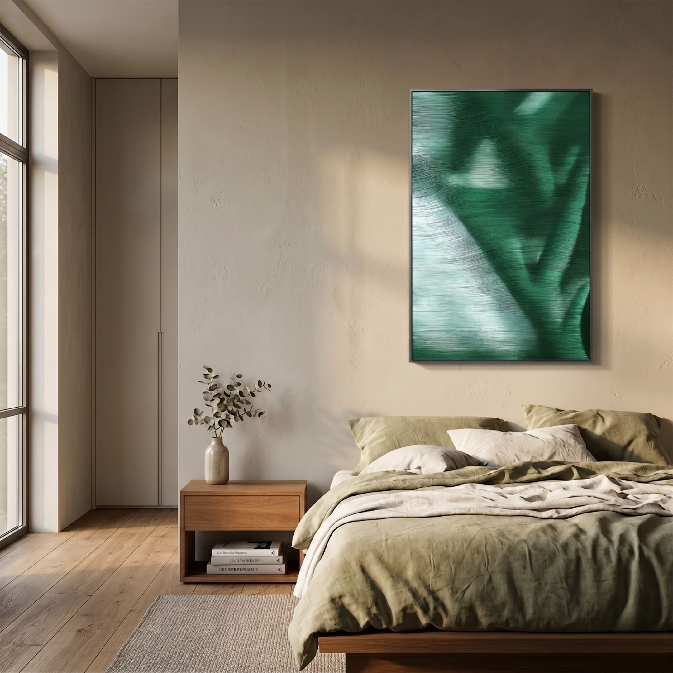 Rivara Emerald Flow Hand-Painted Rope 3D Wall Art in glossy green and white above a wood bed with olive linens in a sunlit minimalist bedroom.
