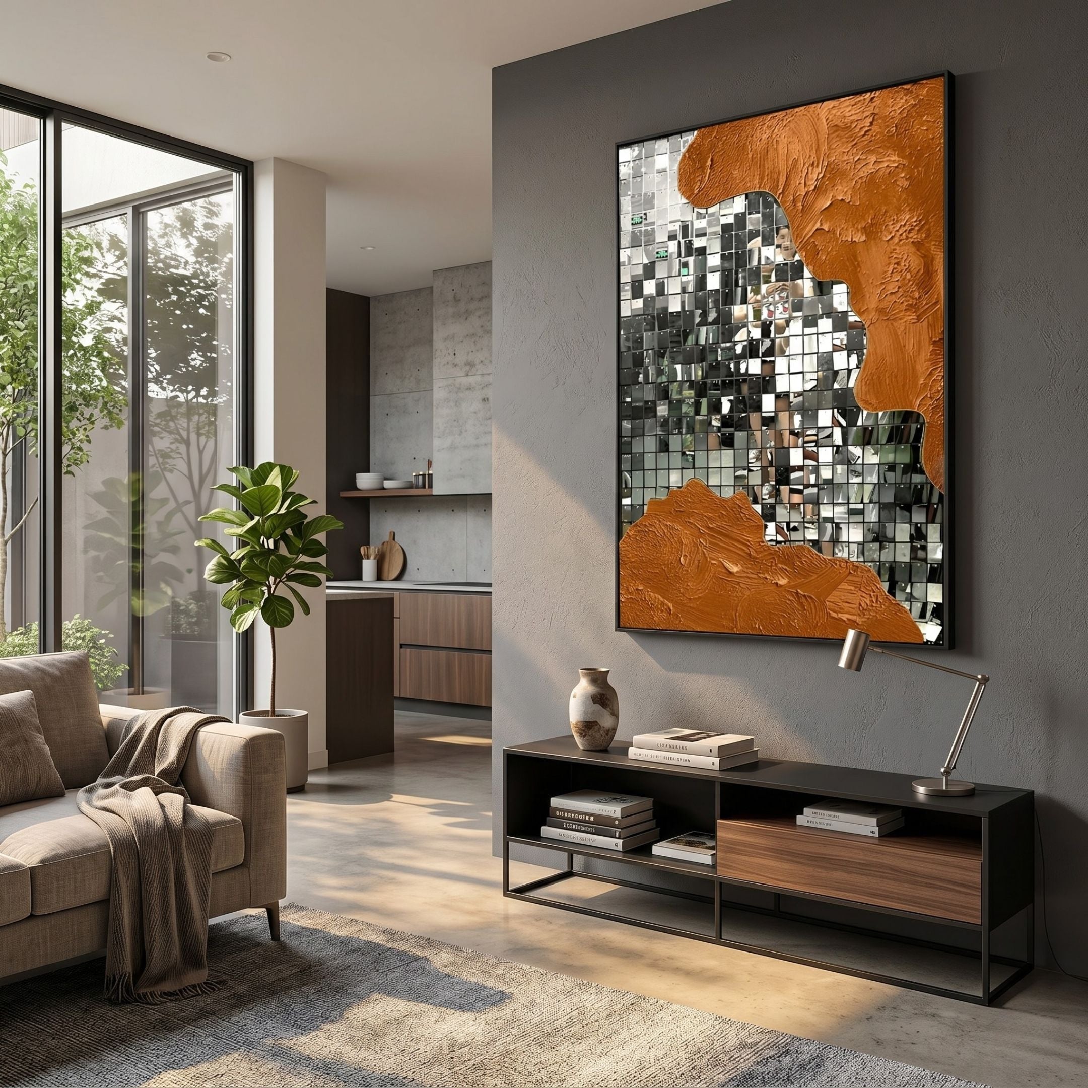 Miravine Copper Hand-Painted Acrylic Mirror 3D Wall Art by Giant Sculptures displayed on a grey wall above a black console in a modern sunlit living room.