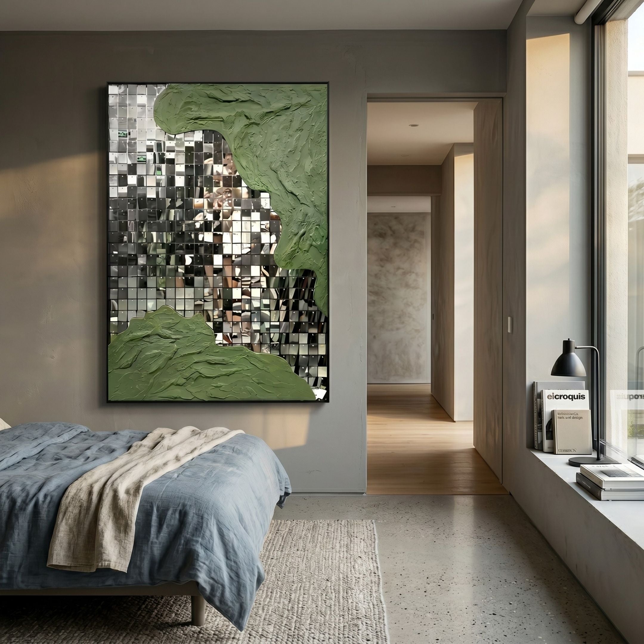 Miravine Green Hand-Painted Acrylic Mirror 3D Wall Art by Giant Sculptures displayed above a blue-linen bed in a modern bedroom with a hallway view.