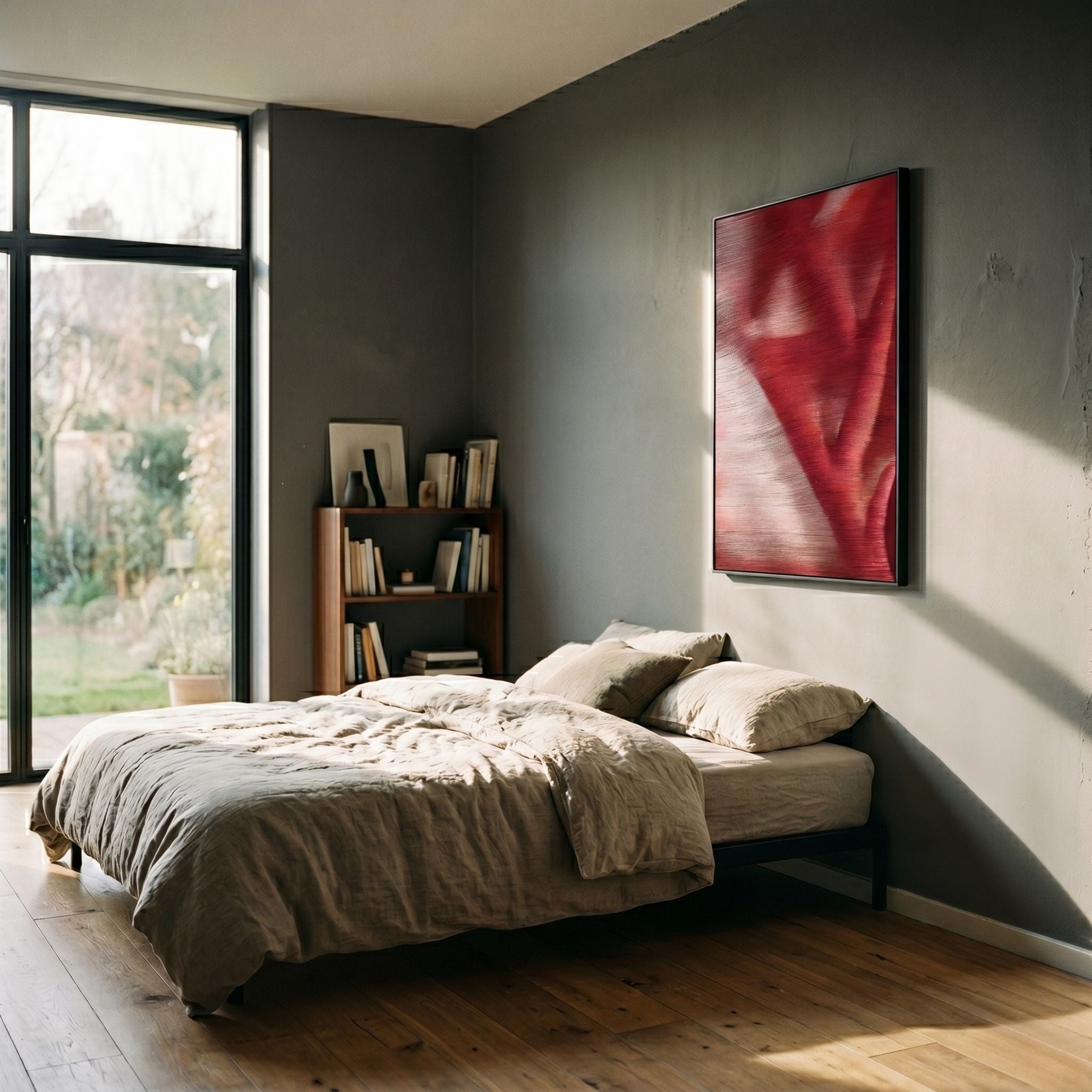 Rivara Crimson Flow Hand-Painted Rope 3D Wall Art in red mounted on a grey bedroom wall above a linen-dressed bed beside a bookshelf and tall window.