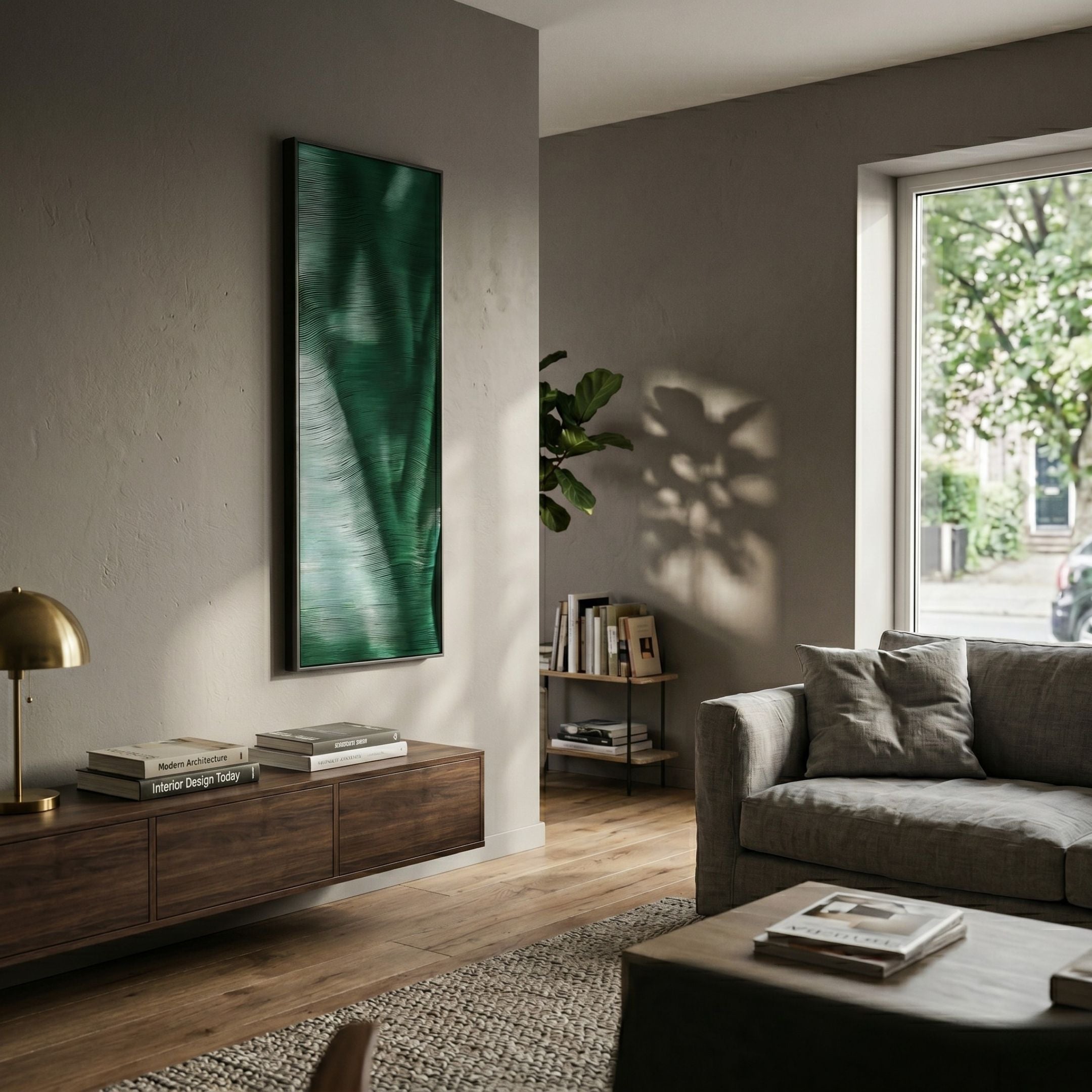 Rivara Emerald Wave Vertical Hand-Painted Rope 3D Wall Art by Giant Sculptures displayed above a walnut console in a modern living room with grey sofa.
