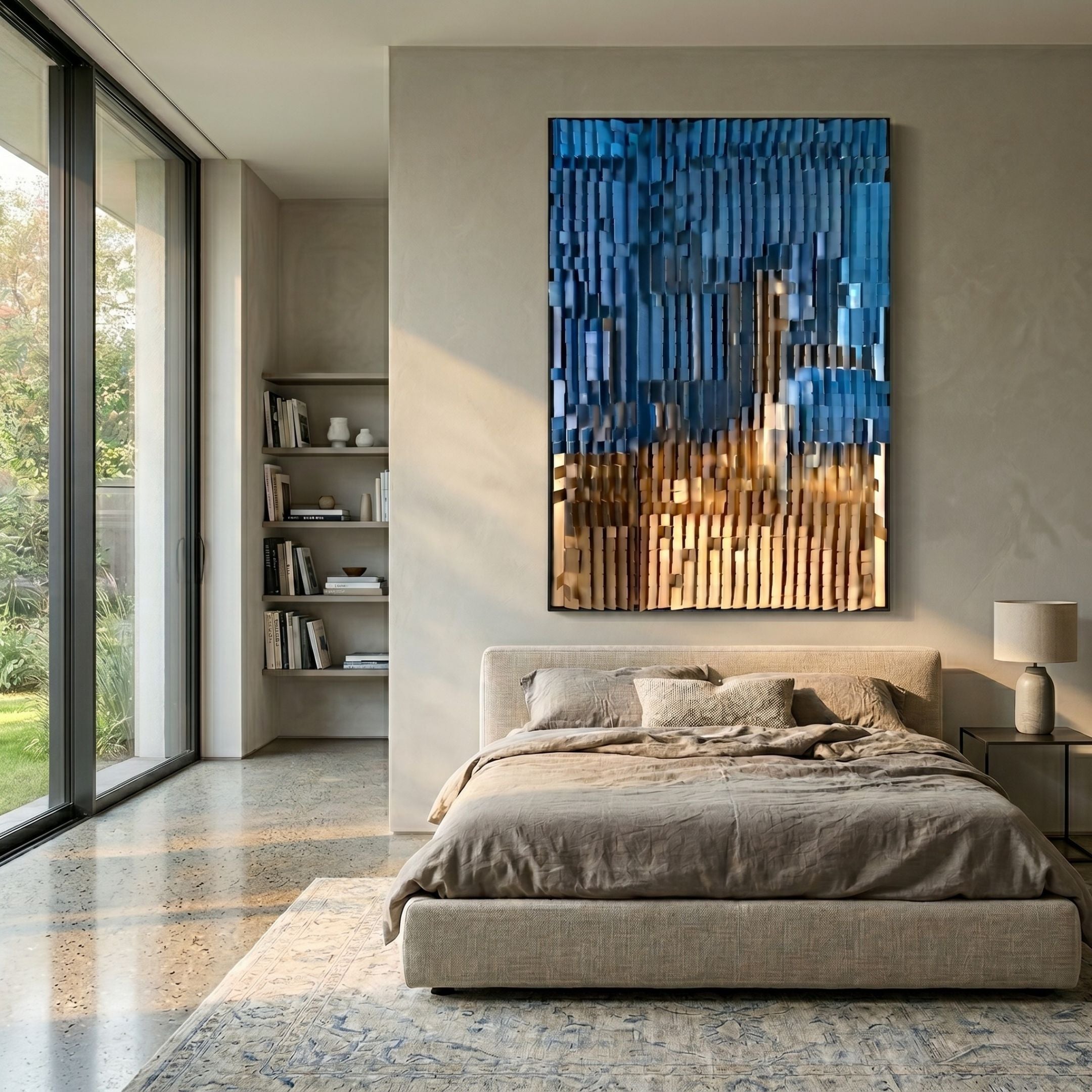 Gradalis Blue & Gold Sculptural Metal 3D Wall Art by Giant Sculptures mounted above a low beige bed in a modern bedroom with garden views and bookshelf.