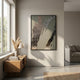 Metallura Olive Green Metallic Flow Abstract 3D Wall Art by Giant Sculptures displayed in a sunlit living room above a wooden console with pampas grass.
