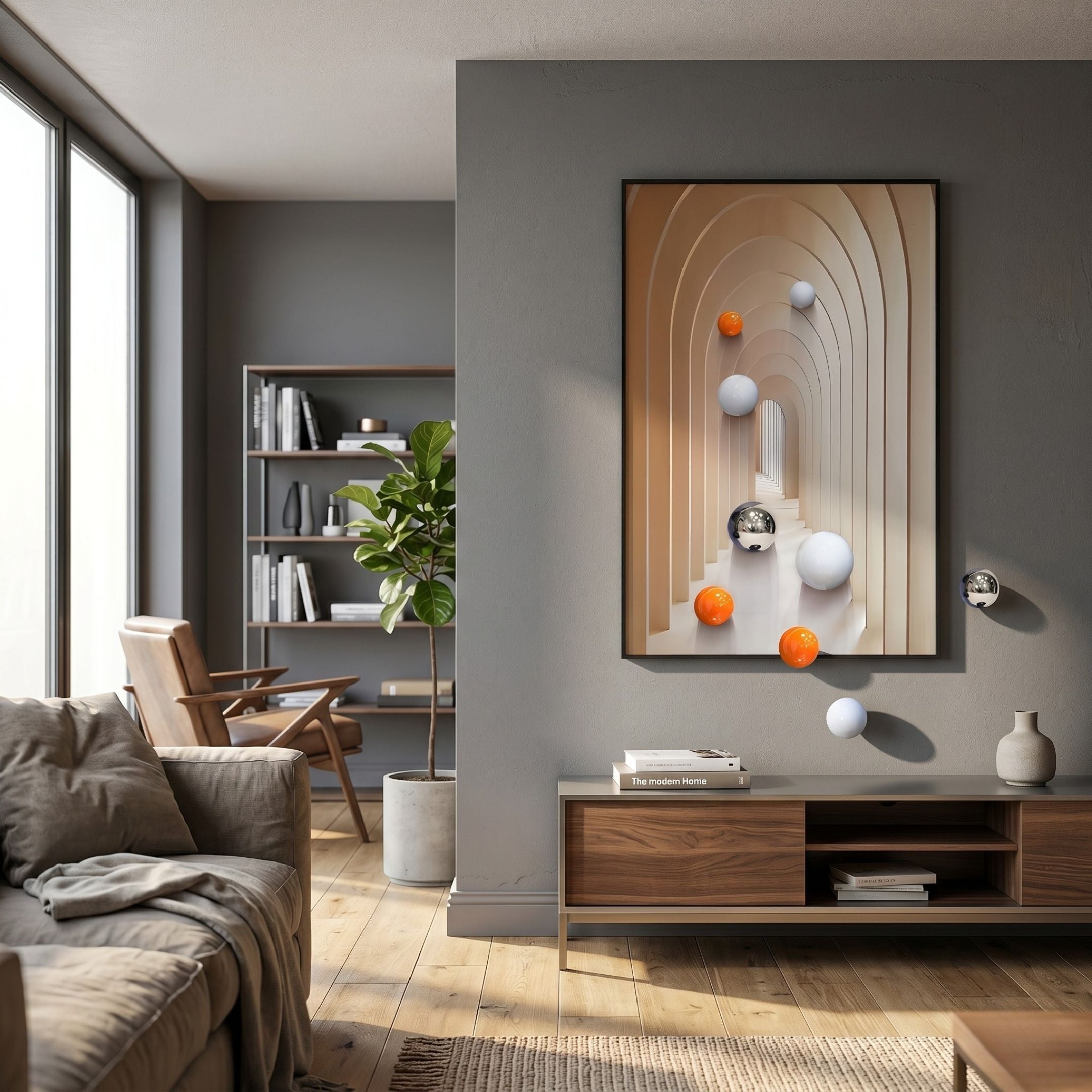Vaultis Ivory & Sand Archway 3D Wall Art with floating white, orange, and silver metal balls displayed above a walnut console in a modern grey living room.