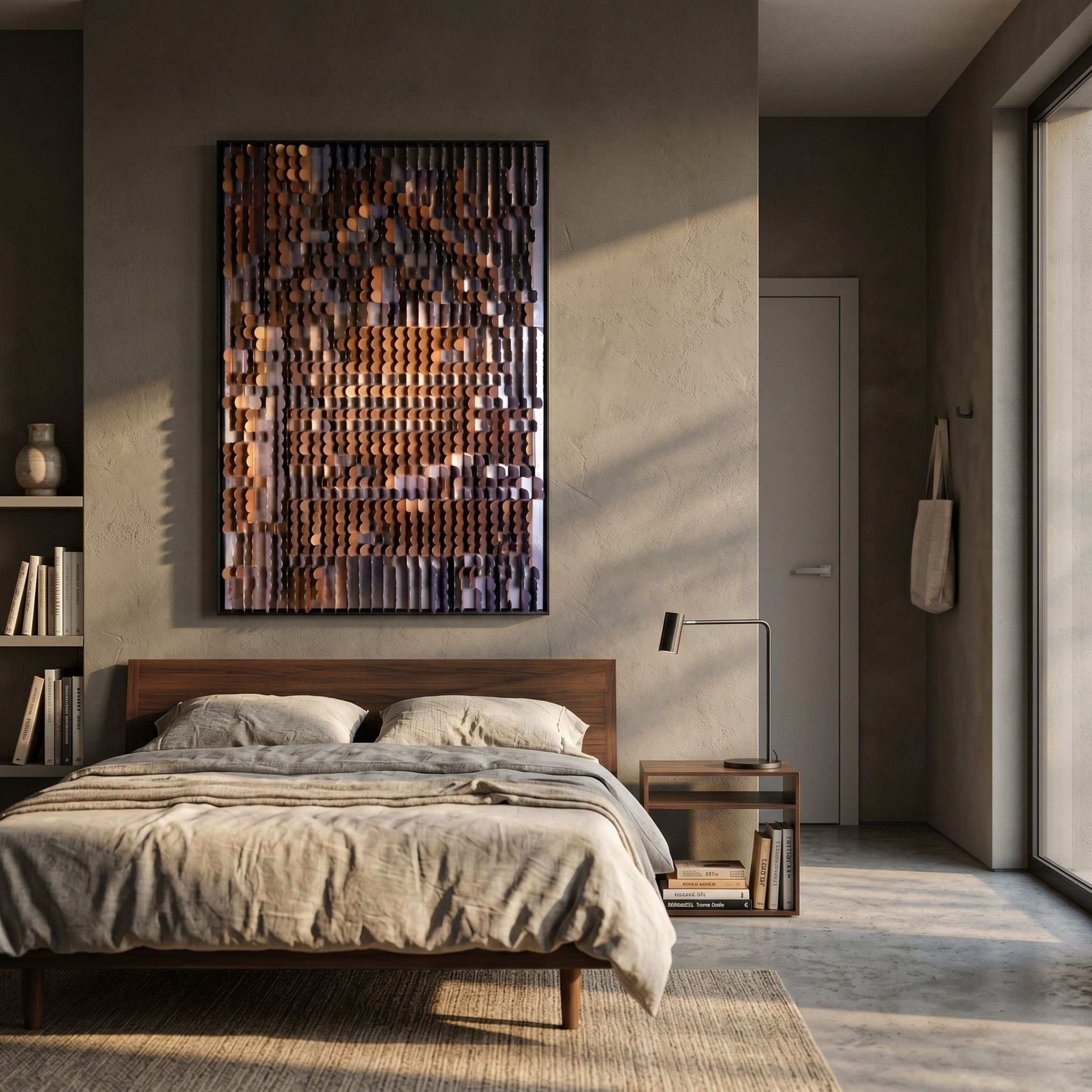 Gradalis Copper Sculptural Metal 3D Wall Art by Giant Sculptures mounted above a walnut bed in a modern bedroom with linen bedding and warm sunlight.