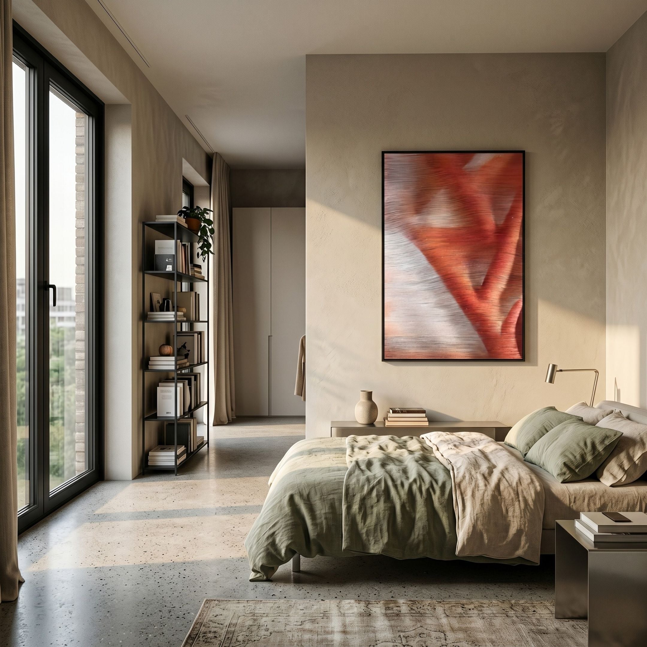 Rivara Ember Wave Hand-Painted Rope 3D Wall Art by Giant Sculptures displayed above a bed with sage linens in a modern bedroom with a black bookshelf.
