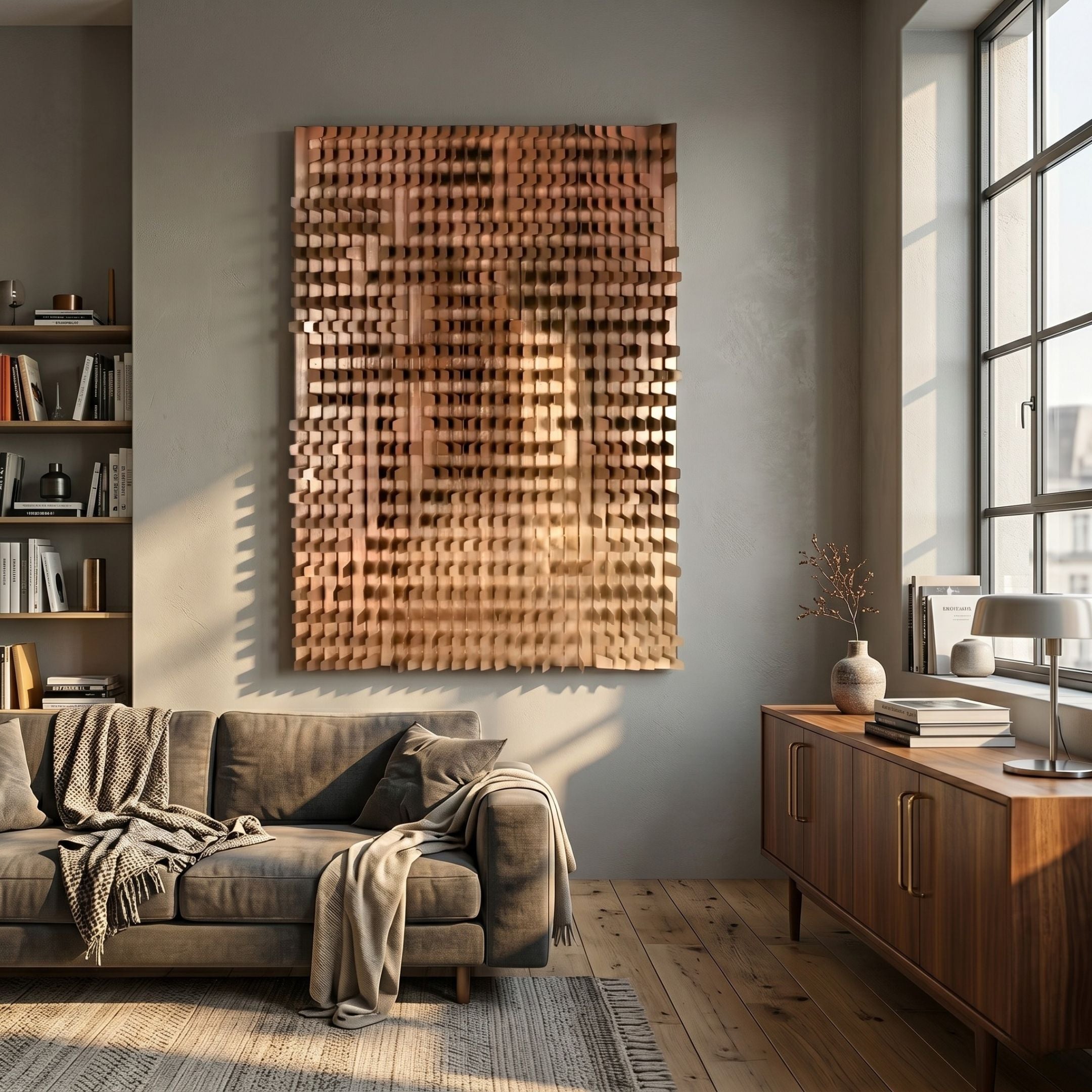Gradalis Bronze Sculptural Metal 3D Wall Art by Giant Sculptures displayed above a grey sofa in a sunlit modern living room with bookshelves and wooden sideboard.