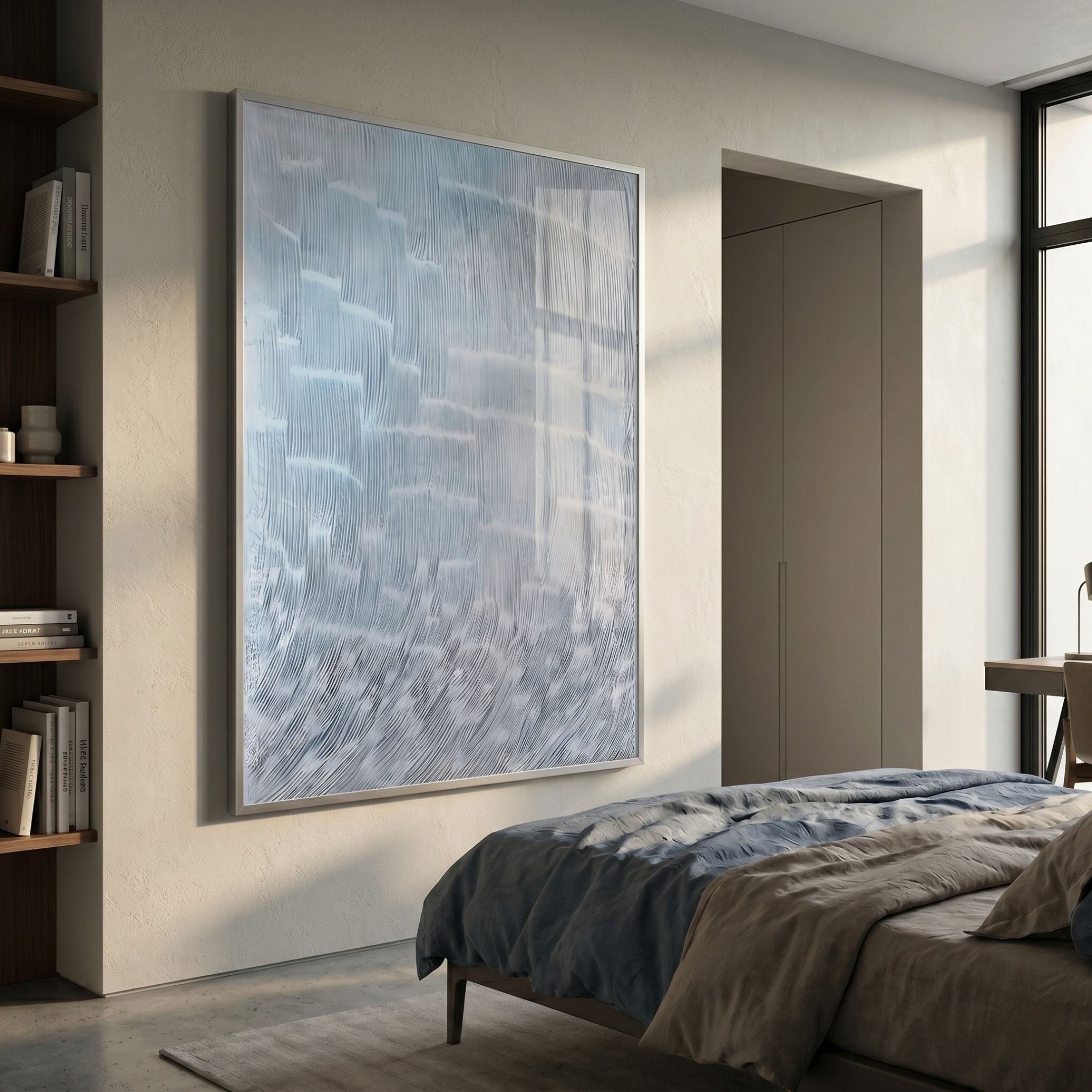 Aqualis Frosted Ice Curve Textured Acrylic 3D Wall Art in pale blue, hung on a cream wall in a modern bedroom beside a bookshelf and blue-grey bed.