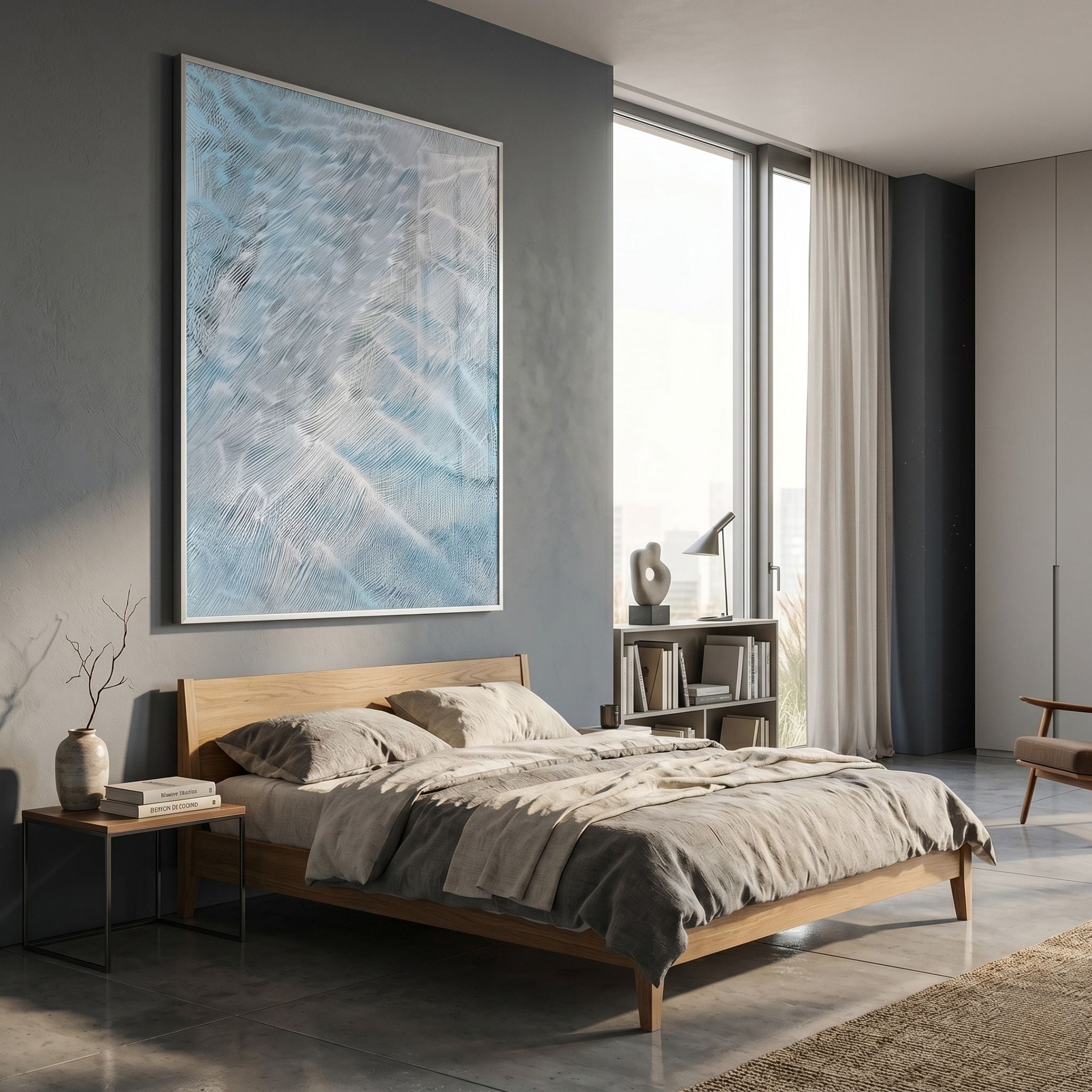 Aqualis Frosted Ice Curve Textured Acrylic 3D Wall Art by Giant Sculptures displayed above a wooden bed in a modern grey bedroom with floor-to-ceiling window.