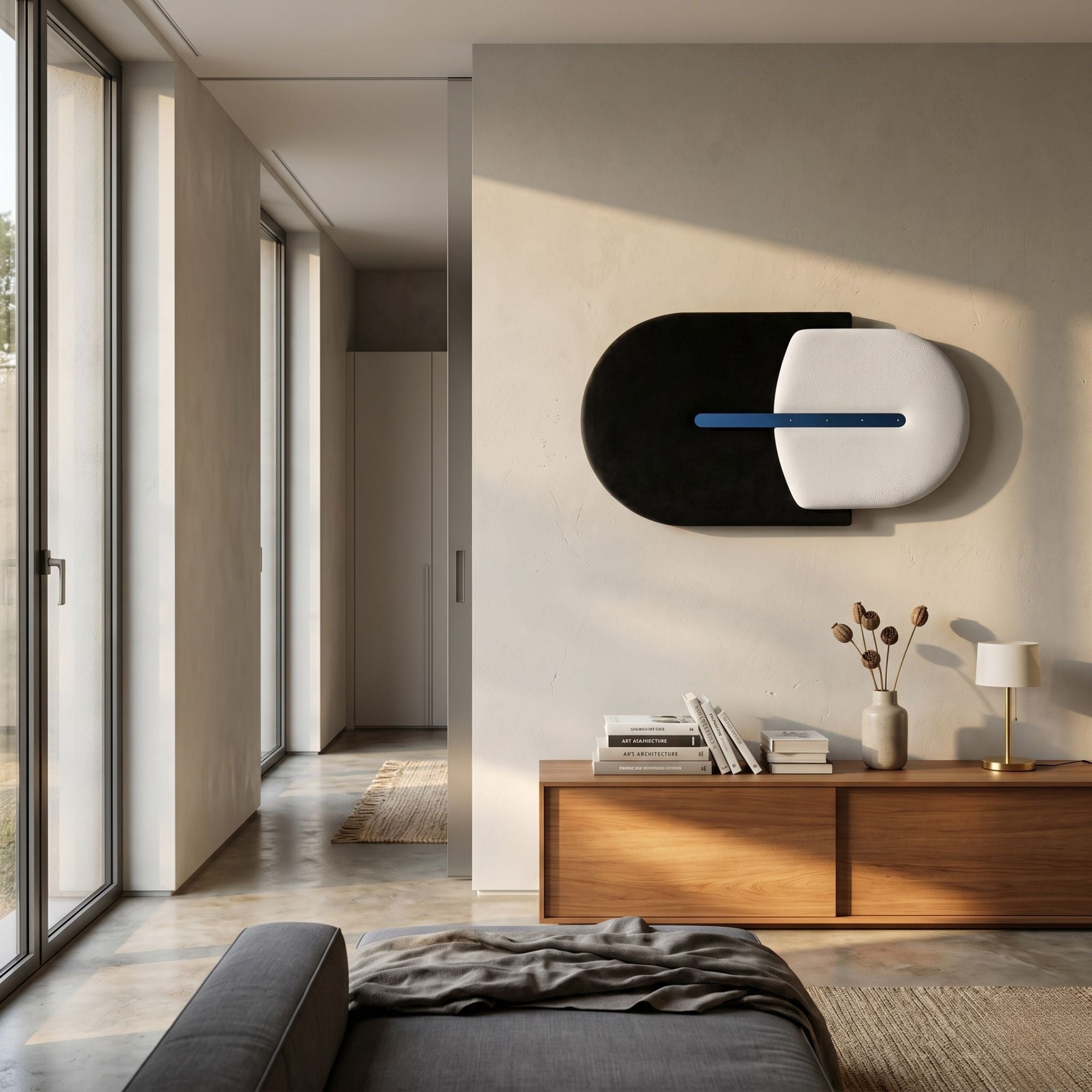 Solvia Black & White Layered Geometry 3D Wall Art by Giant Sculptures mounted above a wooden console in a sunlit modern bedroom with concrete floors.