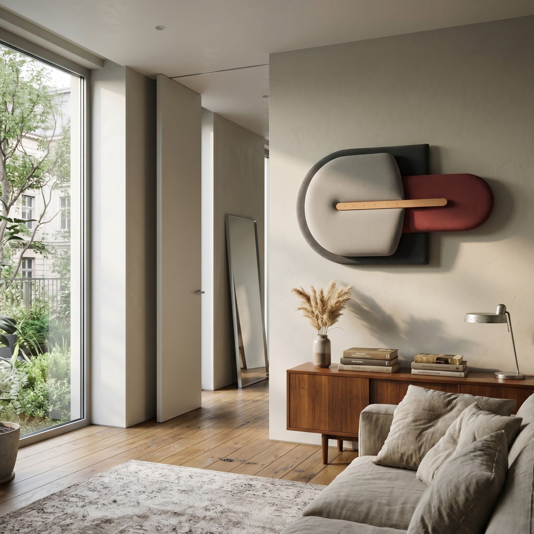 Solvia Grey & Burgundy Layered Geometry 3D Wall Art by Giant Sculptures mounted on a cream wall above a walnut sideboard in a sunlit modern living room.