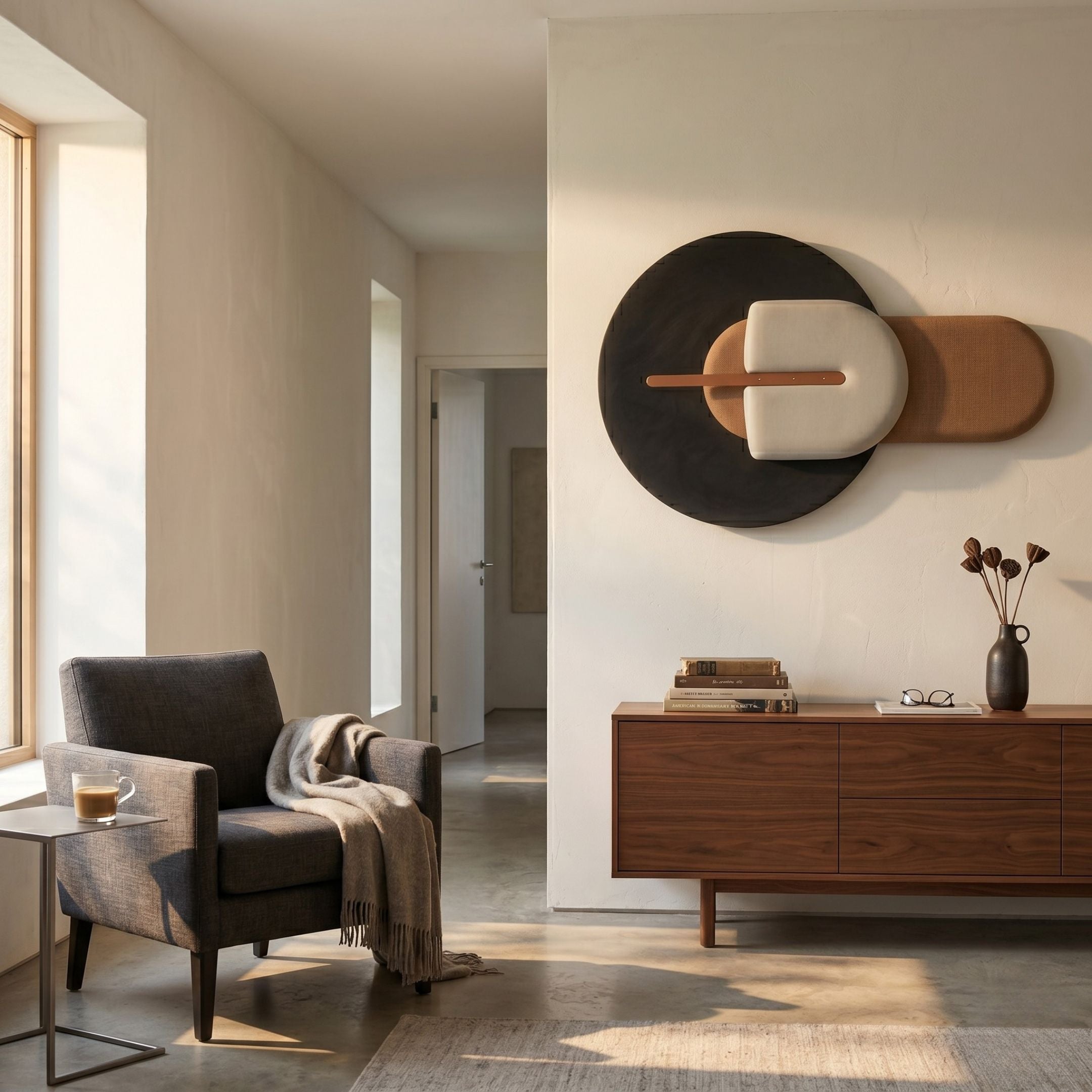 Solvia Black & Bronze Layered Geometry 3D Wall Art by Giant Sculptures displayed in a sunlit living room above a walnut sideboard beside a grey armchair.