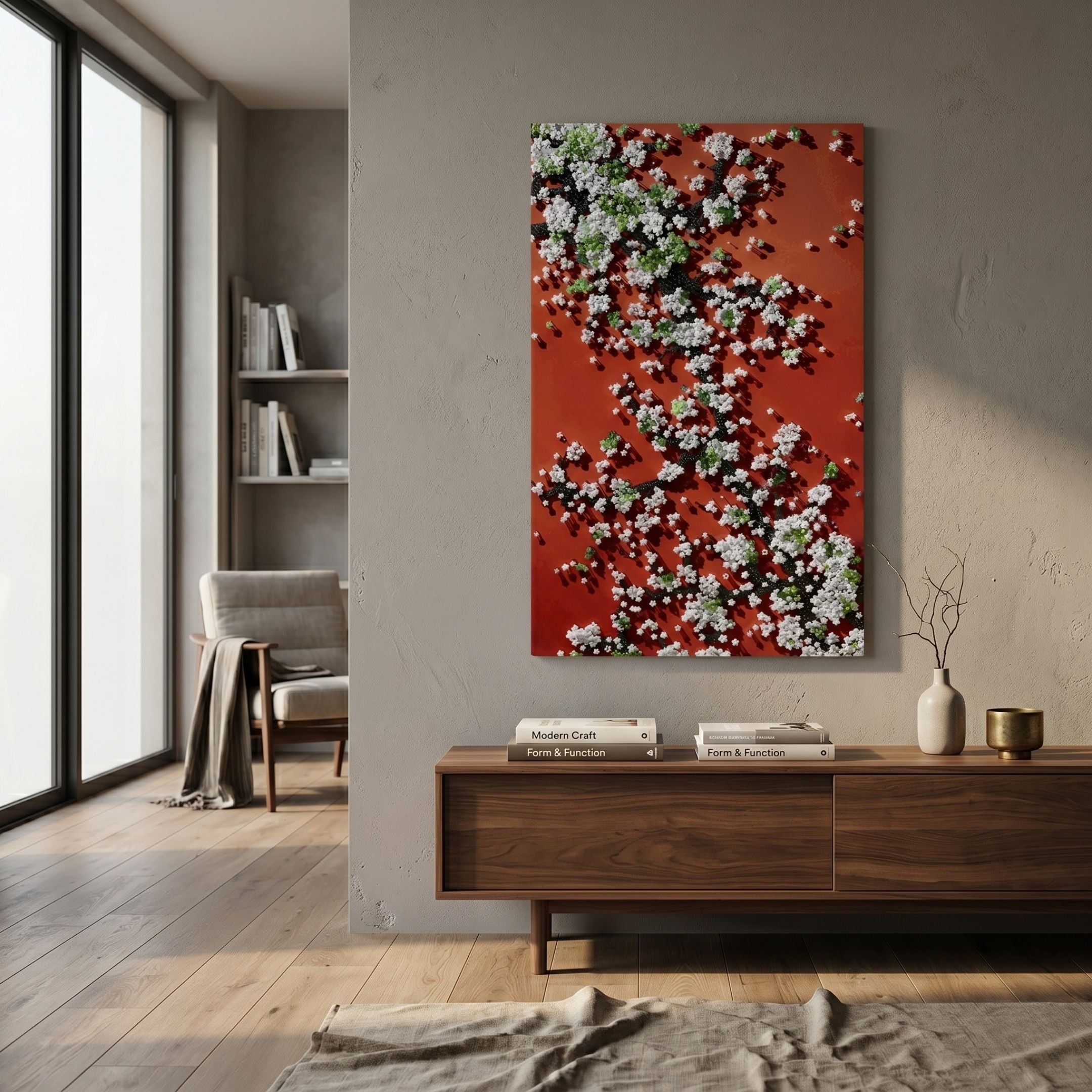 Florivine Crimson Blossom Tree Button 3D Wall Art displayed on a grey wall above a walnut sideboard, beside a reading chair and bookshelf in a modern living room.