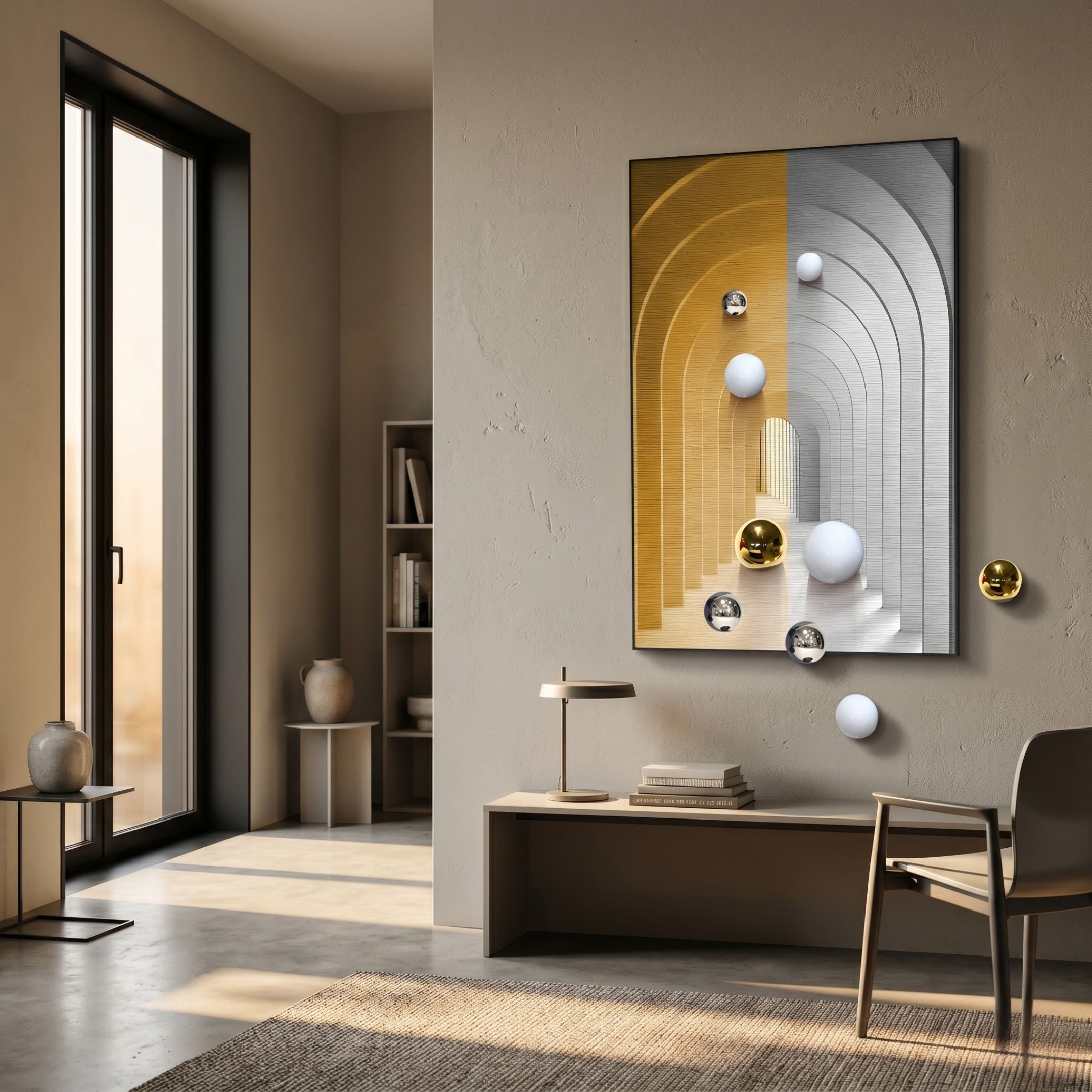 Vaultis Gold & Silver Archway 3D Wall Art by Giant Sculptures mounted in a modern hallway above a bench with table lamp, with gold, silver, and white spheres extending onto the wall.