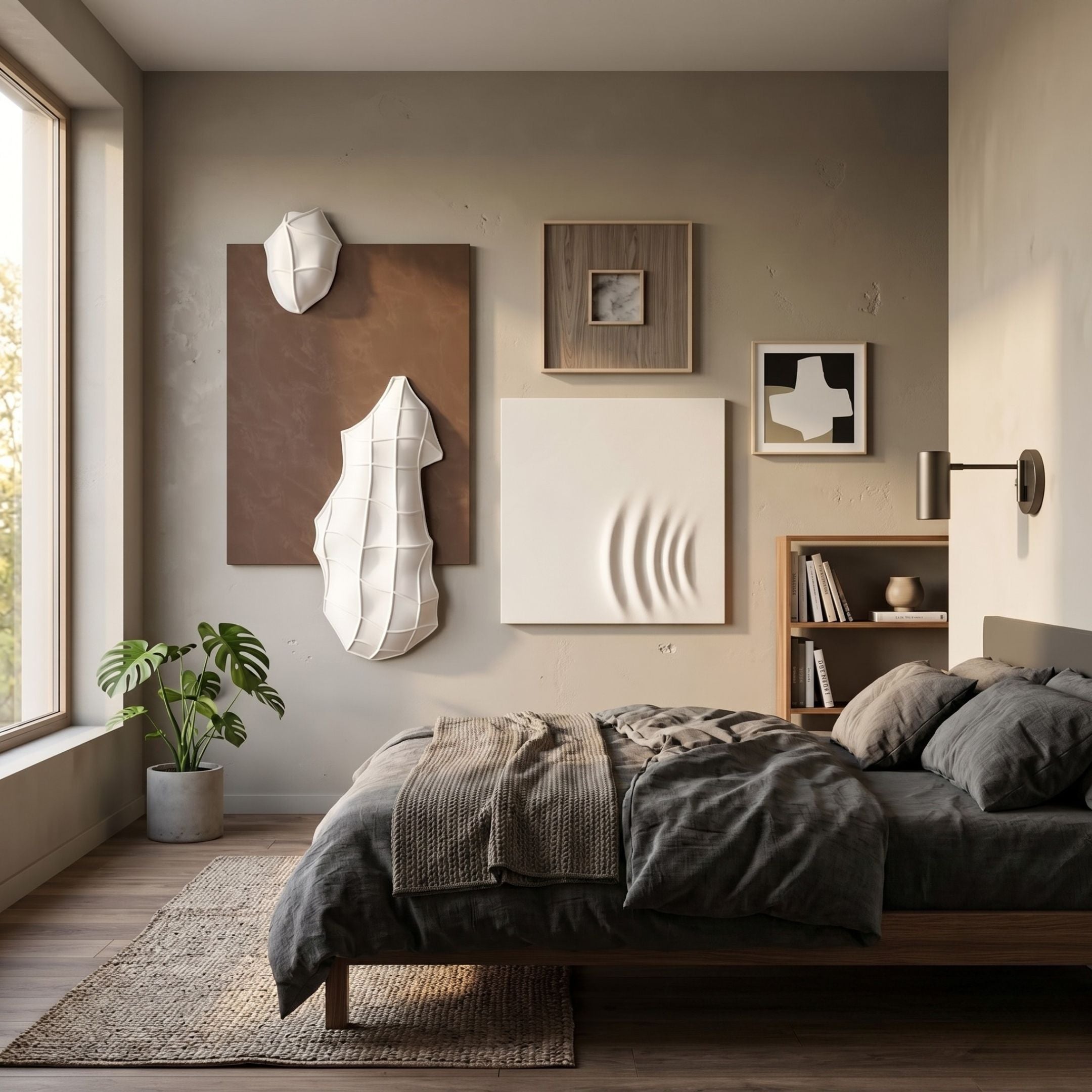 Mirello 4-Set Neutral Sculptural Textured 3D Wall Art by Giant Sculptures displayed above a bed with grey linen, beside a monstera plant and bookshelf.