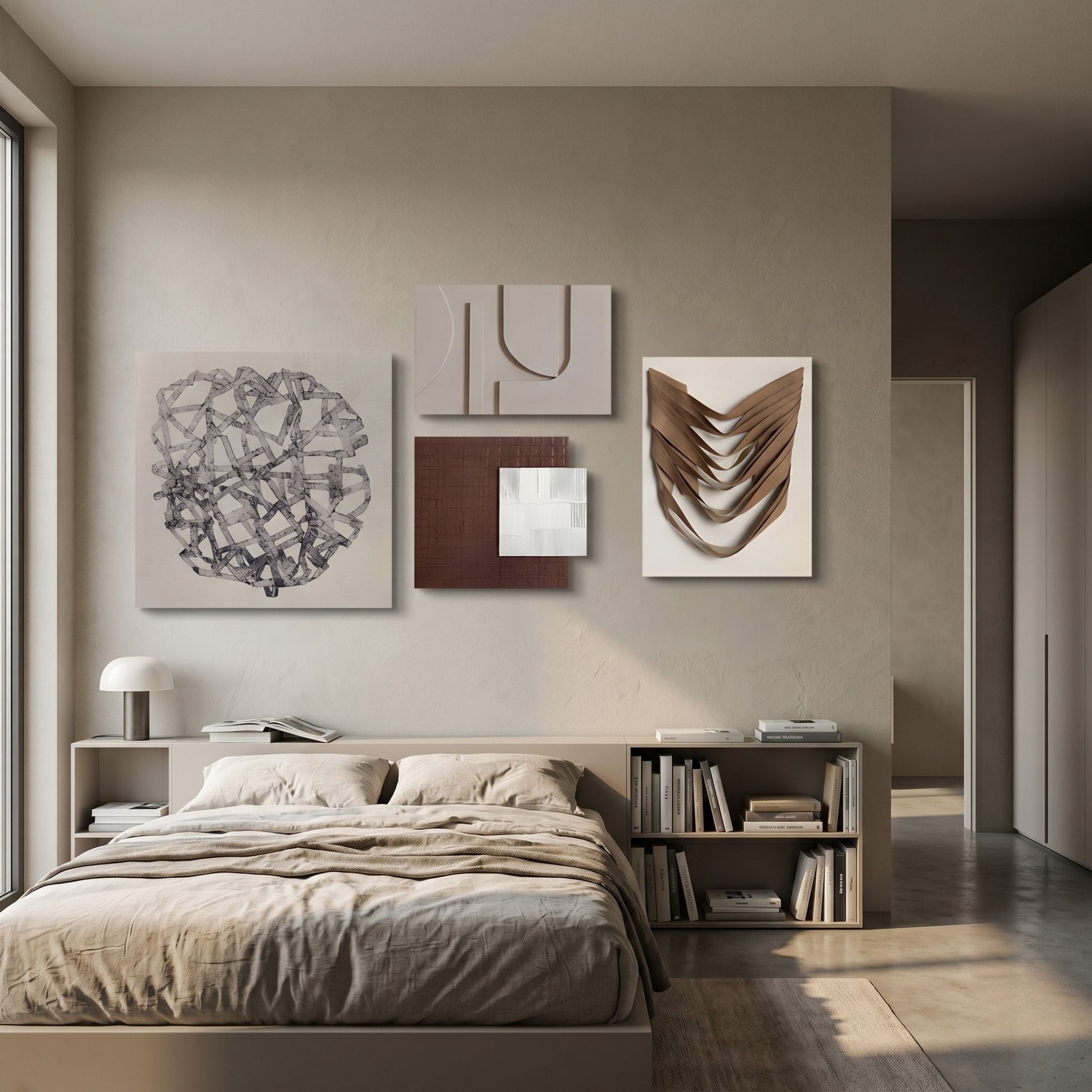 Mirello 4-Set Neutral Sculptural Mixed Media 3D Wall Art by Giant Sculptures arranged above a linen-dressed bed in a neutral bedroom with bookshelves and lamp.