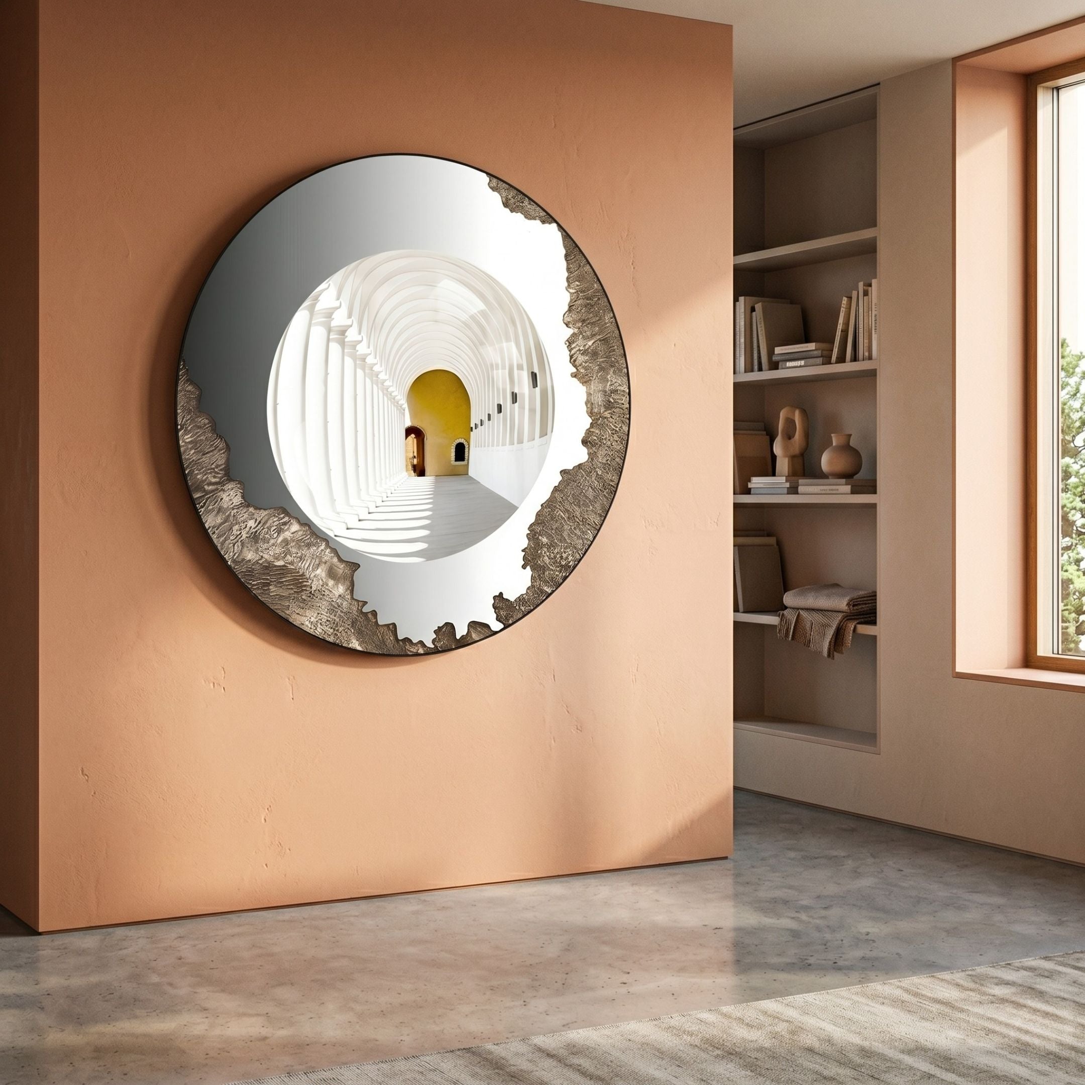 Portara White Cloister Illusion Round 3D Wall Art by Giant Sculptures, mounted on a peach plaster wall beside a built-in bookshelf in a sunlit modern interior.
