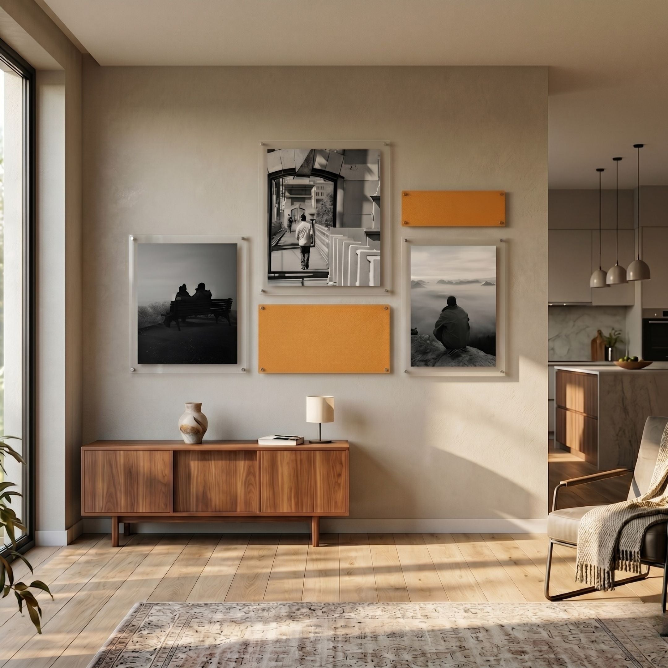 Framegrid Orange Mixed-Size Gallery 5-Set Acrylic Wall Art by Giant Sculptures displayed above a walnut sideboard in a sunlit modern living room.