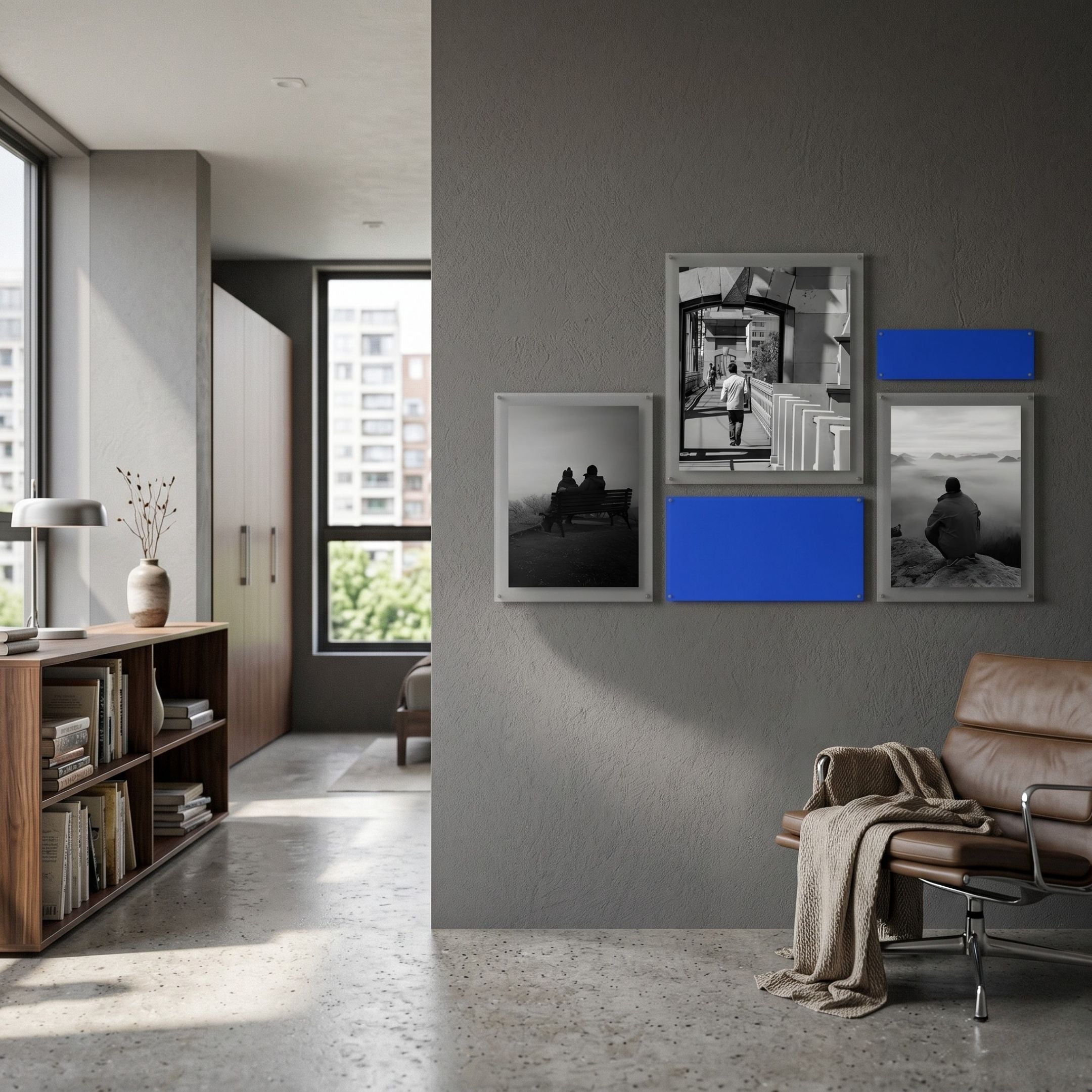 Framegrid Blue Mixed-Size Gallery 5-Set Acrylic Wall Art by Giant Sculptures, displayed on a grey wall in a modern room with a leather chair and bookshelf.