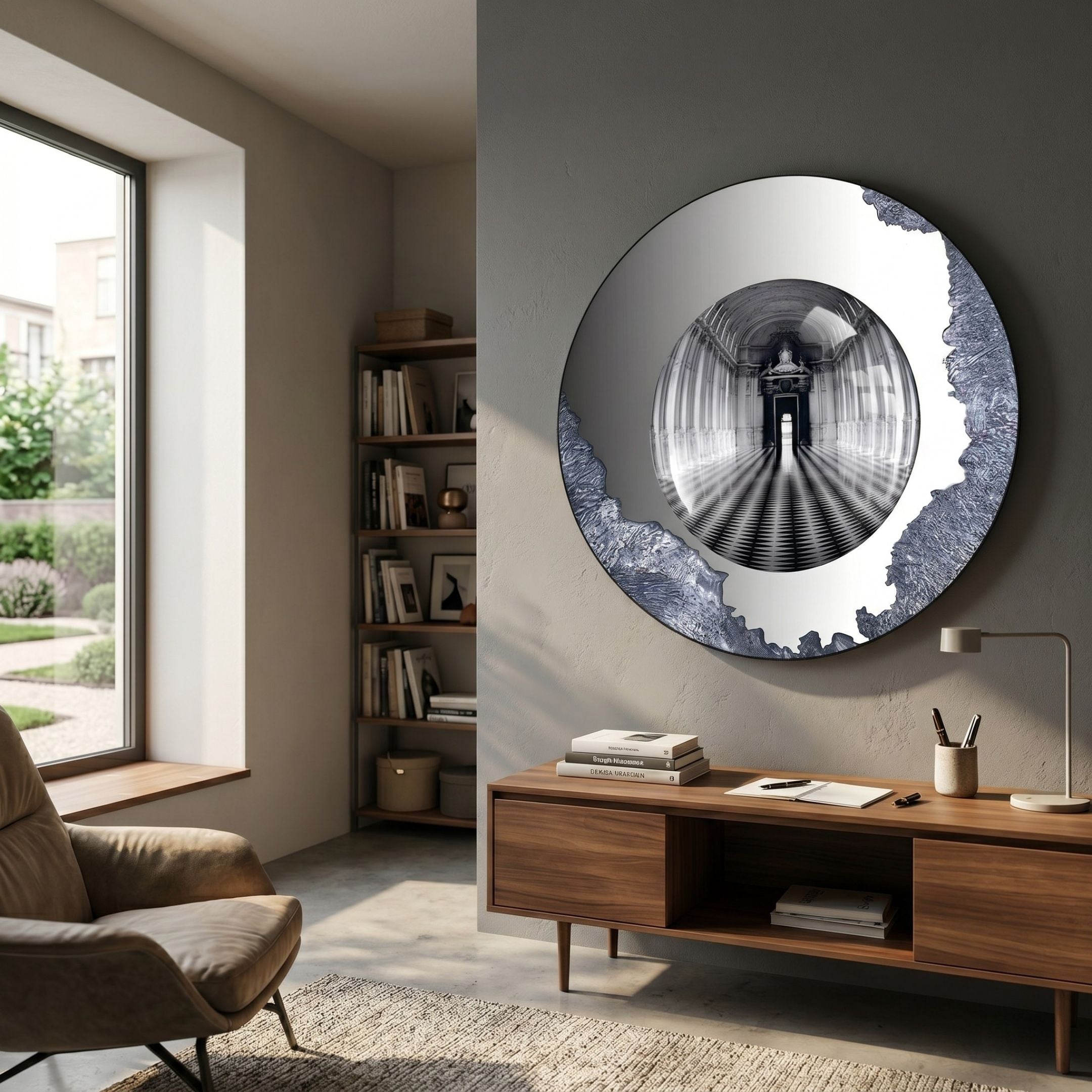 Portara Monochrome Hall Illusion Round 3D Wall Art by Giant Sculptures mounted on a grey wall above a walnut console in a sunlit modern study.