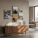 Framegrid Orange Mixed-Size Gallery 6-Set Acrylic Wall Art by Giant Sculptures, five black-and-white prints with one orange panel, above a walnut sideboard.