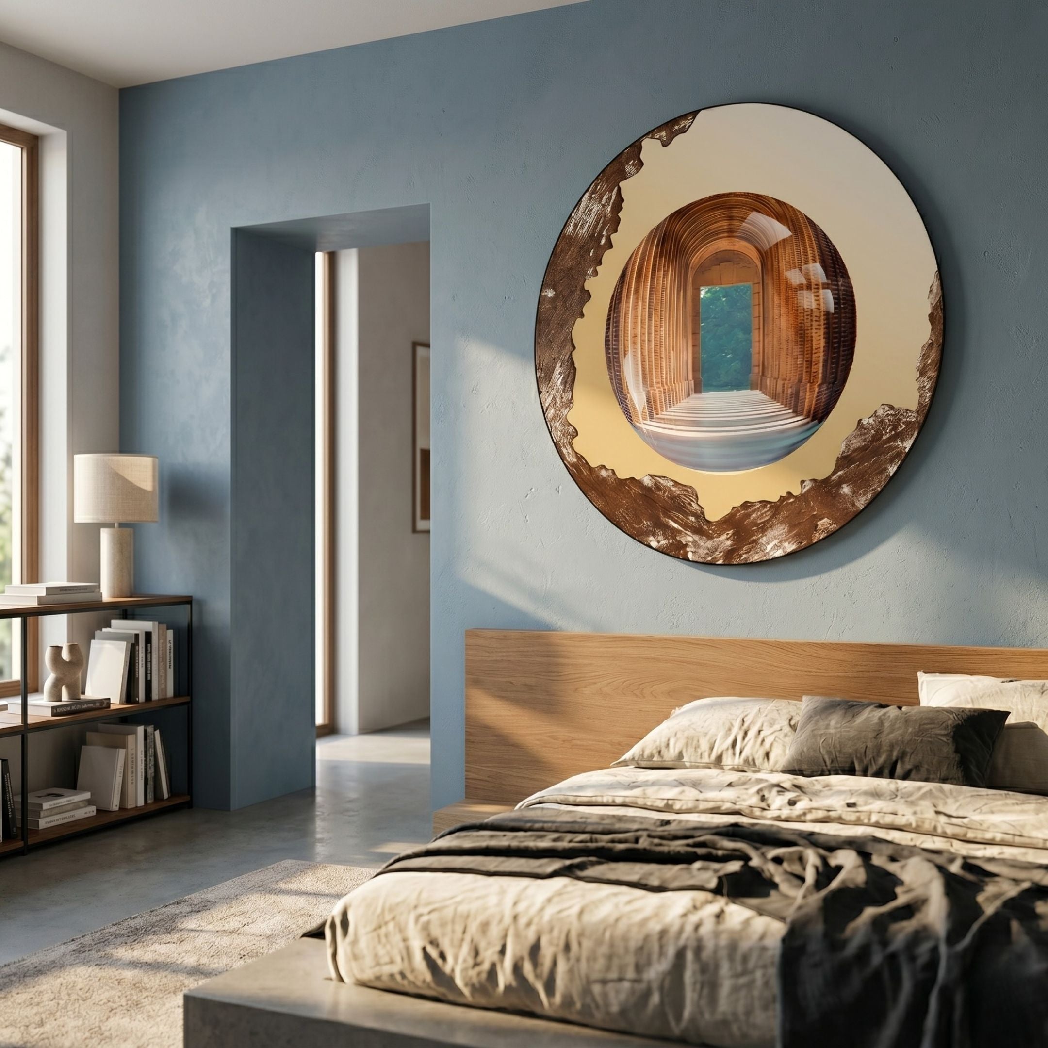 Portara Bronze Passage Illusion Round 3D Wall Art by Giant Sculptures mounted on a blue bedroom wall above an oak headboard, beside a doorway and bookshelf.