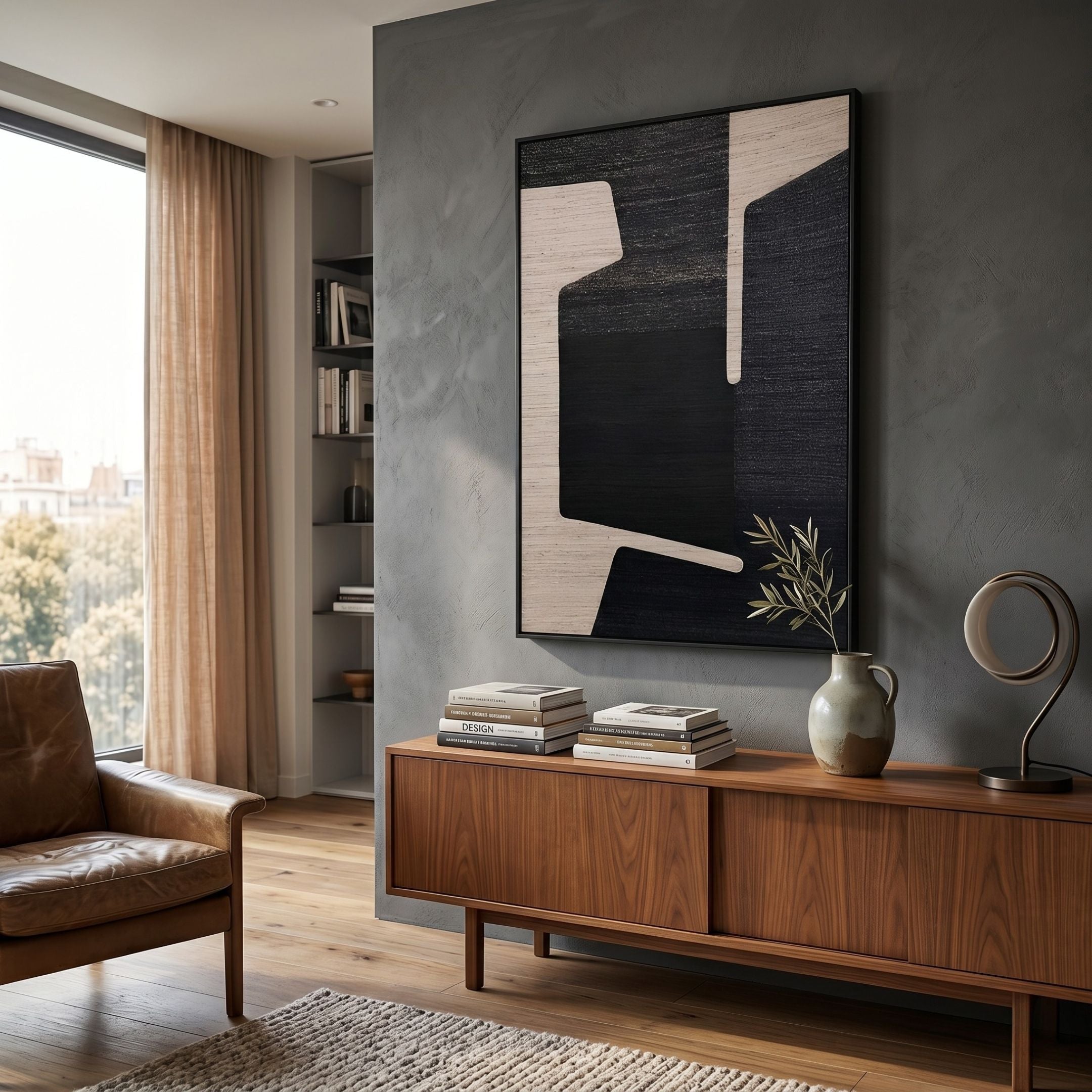 Striatura Black & Ivory Edge Rope Abstract 3D Wall Art mounted on a dark grey wall above a walnut sideboard with books, vase, and leather chair nearby.