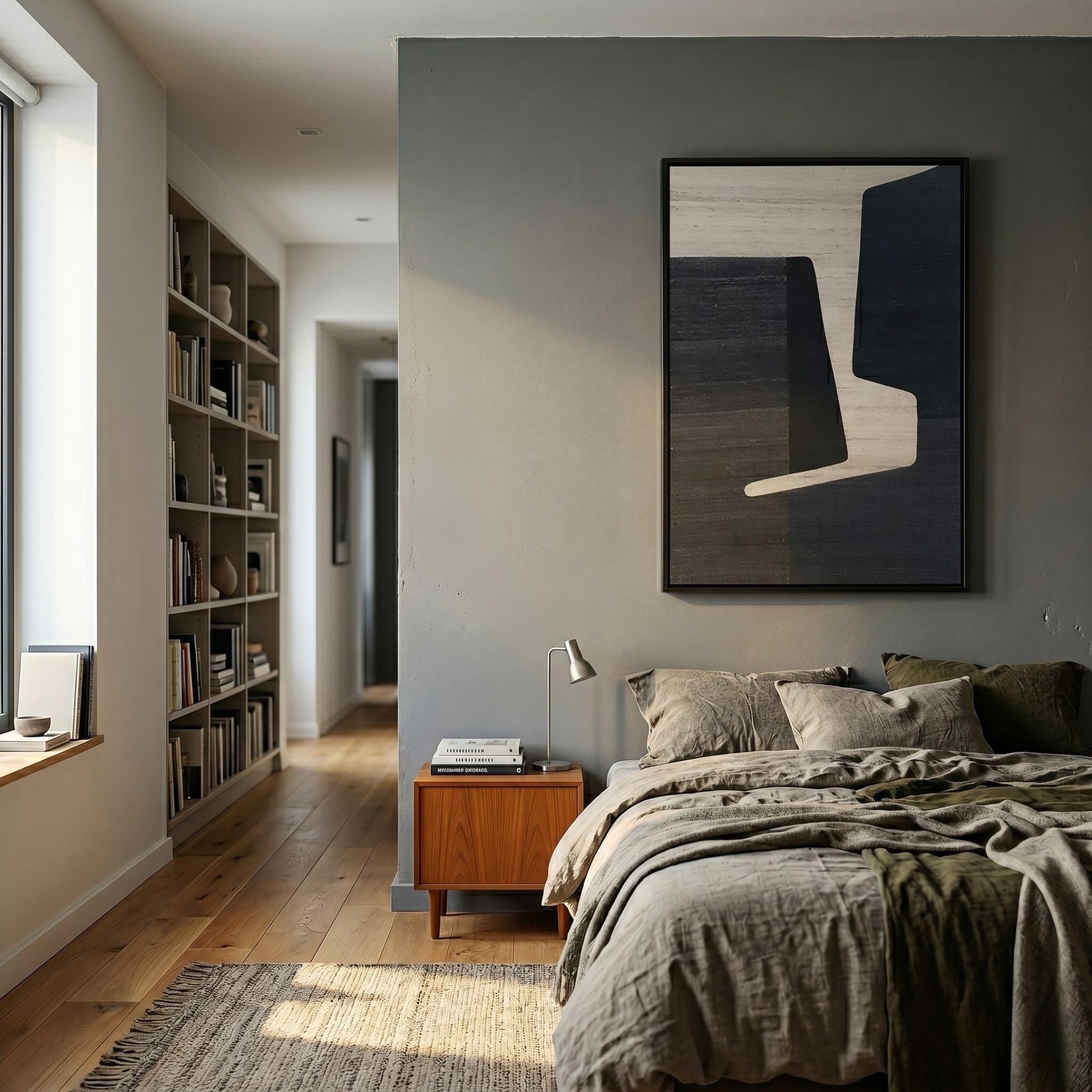 Striatura Taupe & Charcoal Angle Rope Abstract 3D Wall Art by Giant Sculptures displayed above a teak nightstand in a grey bedroom with linen bedding.