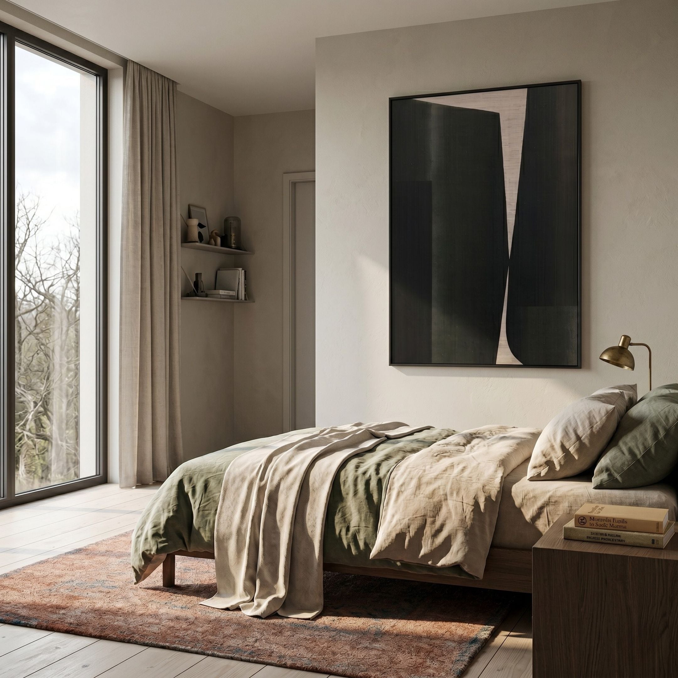 Striatura Black & Taupe Divide Rope Abstract 3D Wall Art by Giant Sculptures displayed above a green and beige linen bed in a modern bedroom with floor-length window.