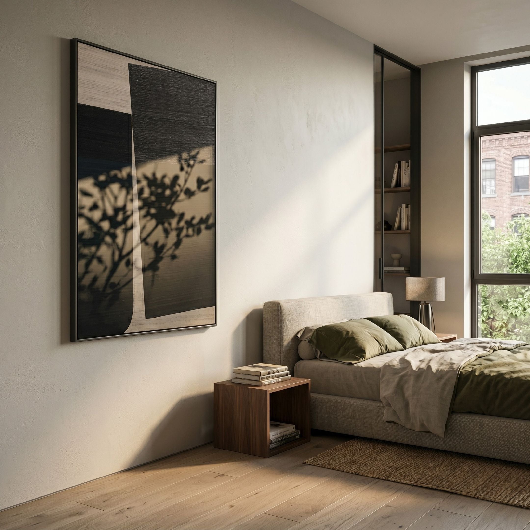 Striatura Black & Taupe Rope Abstract 3D Wall Art by Giant Sculptures mounted in a sunlit modern bedroom above a walnut nightstand beside a linen bed.