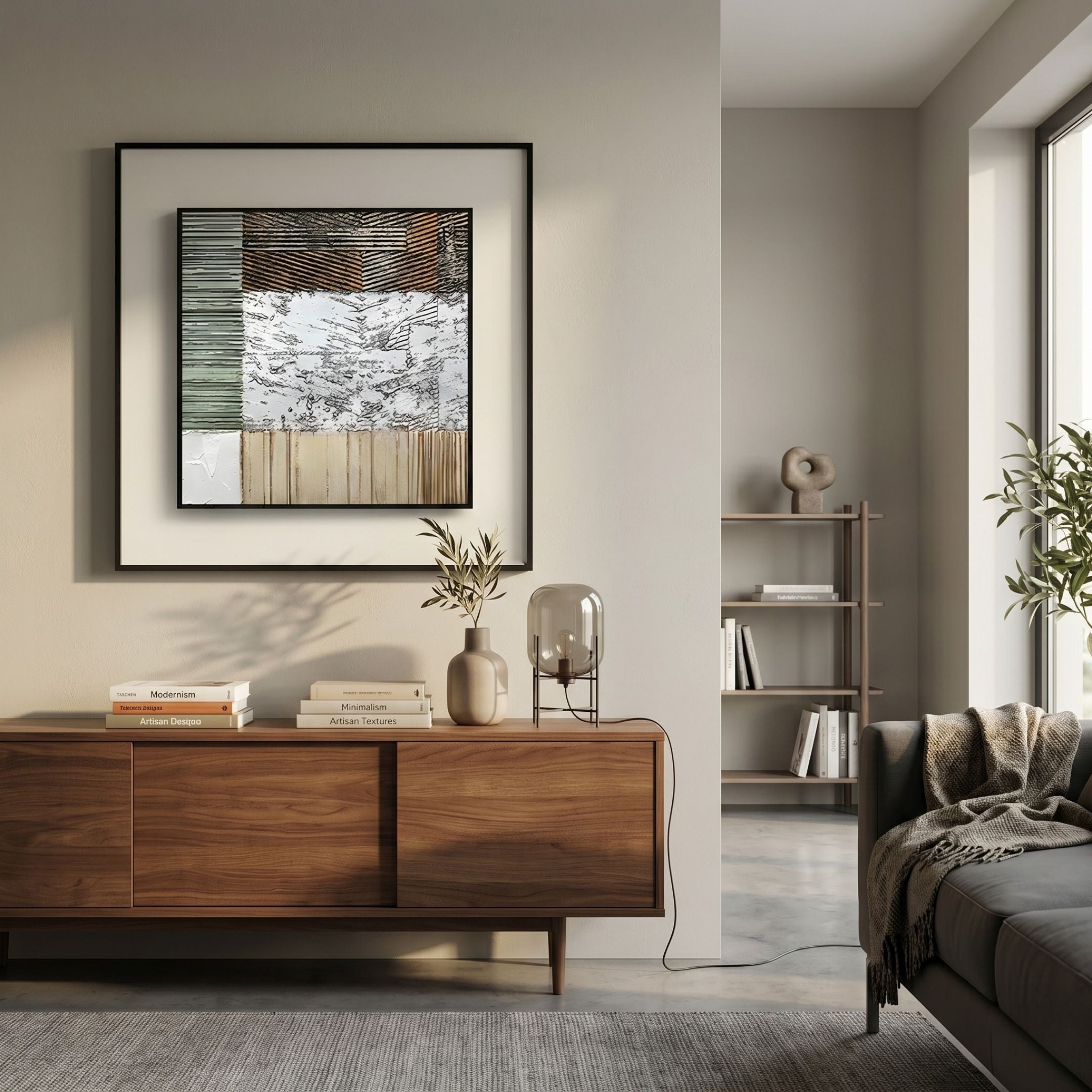 Aerolith Stone Patterned Abstract Textured Framed Wall Art in sage, brown, white, and beige bands above a walnut sideboard with books, vase, and lamp.