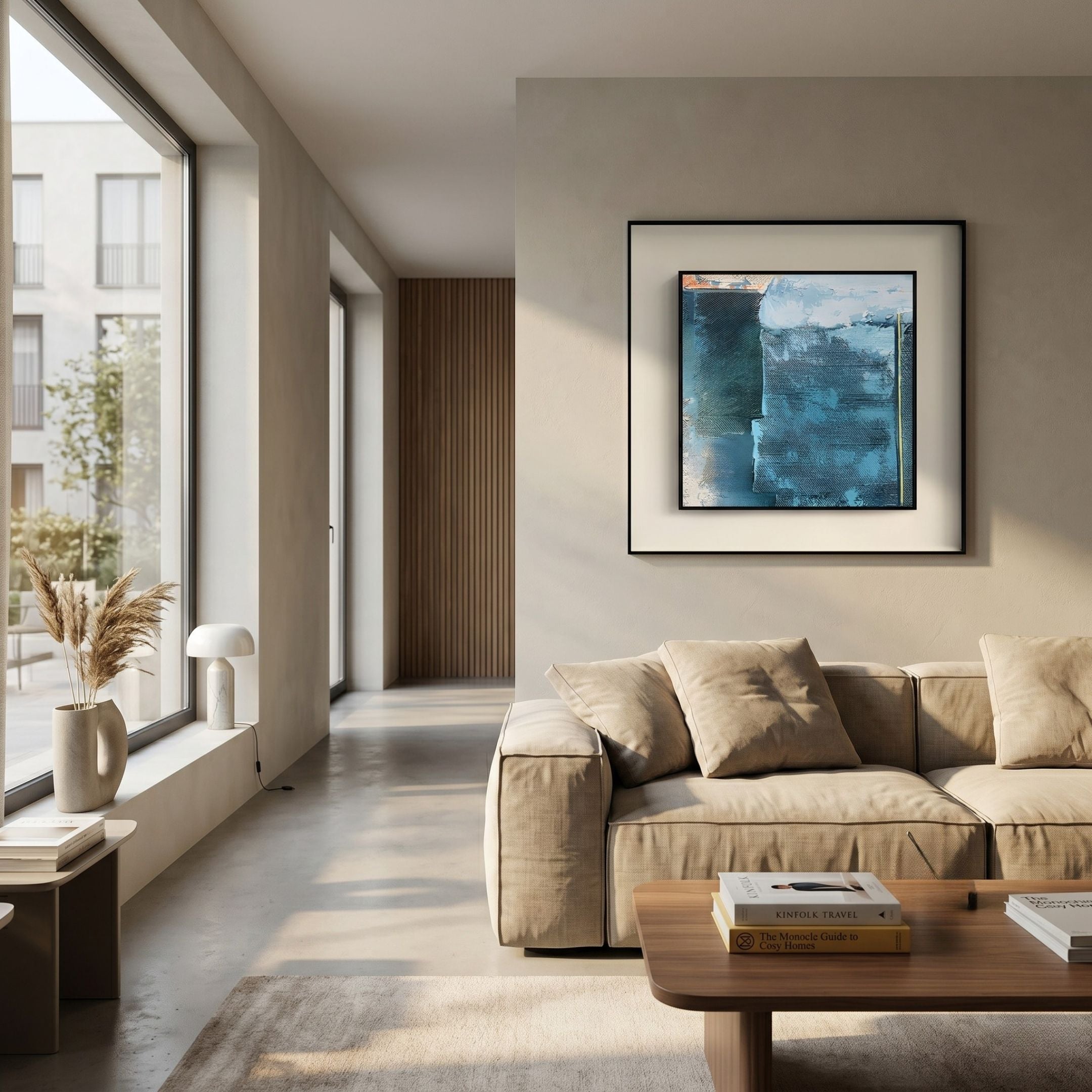 Aerolith Arctic Blue Abstract Textured Framed Wall Art by Giant Sculptures, displayed in a neutral living room above a beige sofa beside a large window.