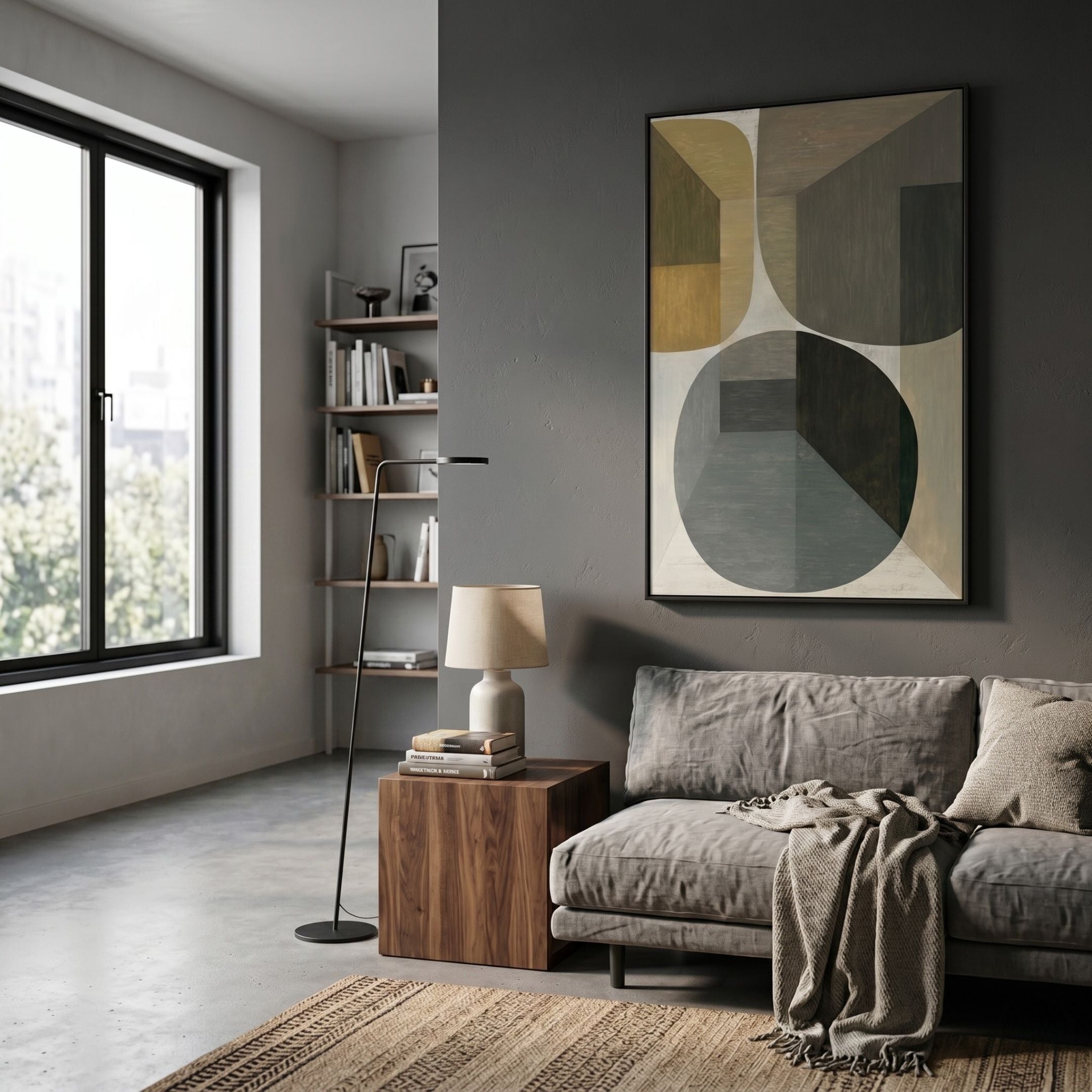 Striatura Grey & Gold Rope Abstract 3D Wall Art by Giant Sculptures displayed on a dark grey wall above a linen sofa in a modern living room.
