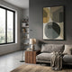 Striatura Grey & Gold Rope Abstract 3D Wall Art by Giant Sculptures displayed on a dark grey wall above a linen sofa in a modern living room.
